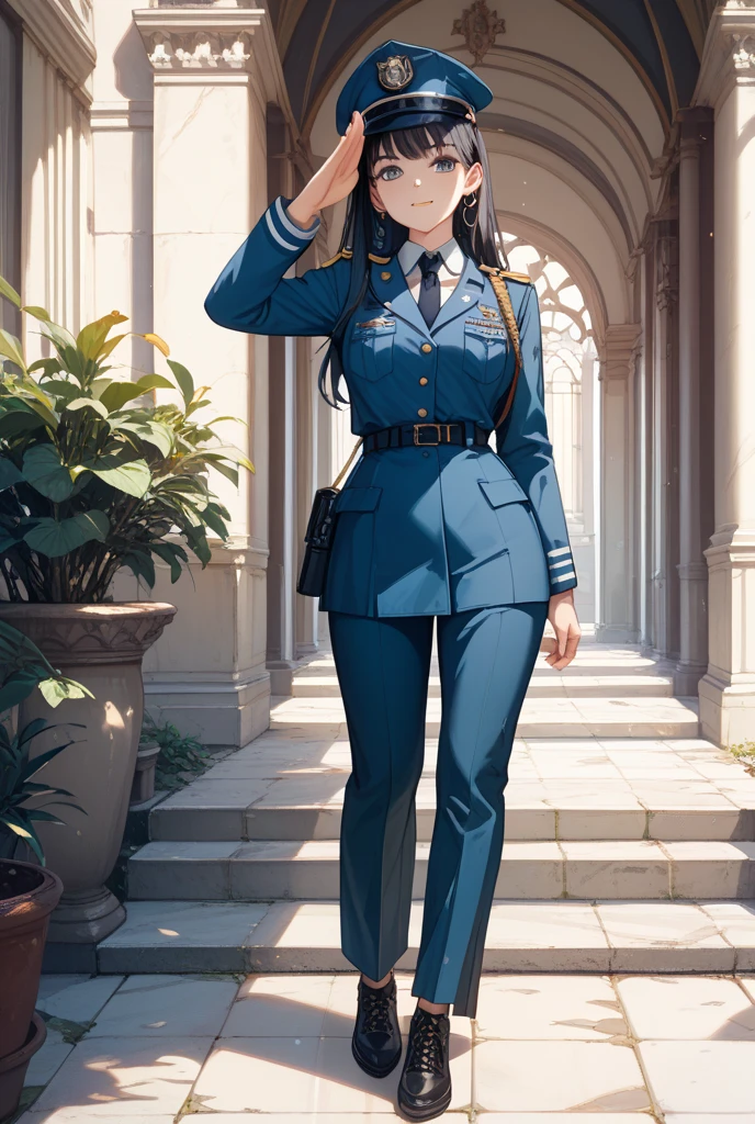 masterpiece, best quality, absurdres, high resolution, extremely detailed, 1girl, solo, <lora:NRAuniformv0:0.75>, leather belt pouch, belt, black long hair, blunt bangs, green eyes, smile, battlefield, outdoors, uniform, military_uniform, military, NRA1926, peaked cap, cap badge,light blue uniform, black long boots,NRA officer, large breasts, narrow waist, <lora:ooyari-style_v1.0:0.9>