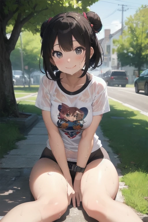 Black Hair、black eye、girl、Short hair、girl、Medium sized breasts、Lolita、Embarrassed look、Looks about 18 years old、目のhighlight、Sexy thighs、Short T-shirt、white bikini panties、Your eyes are so beautiful、highlight、crouch on the ground、Open leg pose、Spread your legs、on the road、intersection