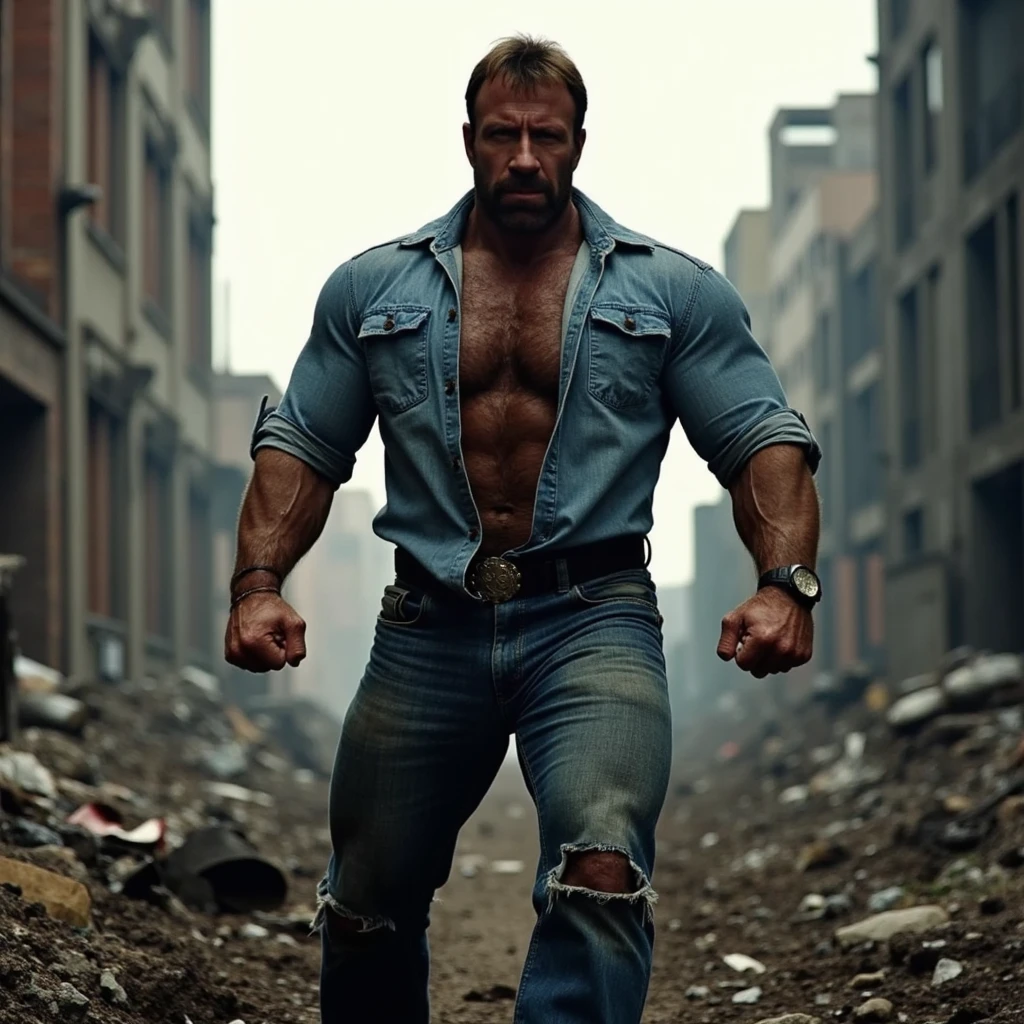 An illustrated movie poster, hand-drawn, full color, a peach-skinned giant man, wearing torn trousers, peach-colored skin, massive physique, golden-brown eyes, wide bulbous nose, black hair, curly hair, dark beard, thick bushy eyebrows, extremely hairy chest, stomach, and arms, lots of body hair, posing amongst rubble, hard shadows, graphite shading, stencil markings, airbrushed acrylic paint, masterpiece, in the style of Marvel Comics
