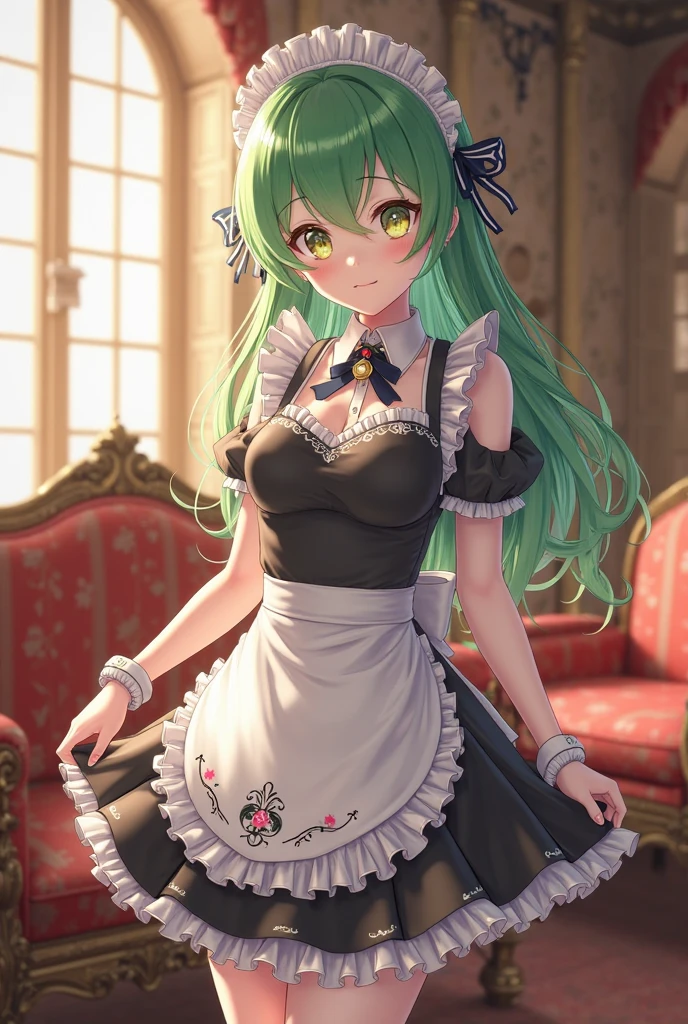 1 girl, maid,fluffy kinky hair, long hair,short tufts of hair,golden eyes,, expensive,glamorous,maid clothes, baby face, ,Cafe,Beautiful woman,big breasts, Ahoge, green hair, maid clothes, Cafe, kitchen,drop down,Clumsy girl,white rhinestone socks,troubled face,feminine,drop down and pat yourself on the head,Teary face,thin eyebrows,fall on one&#39;s back,fluffy, Habitual hair、Falling on the floor、Making an ass mochi