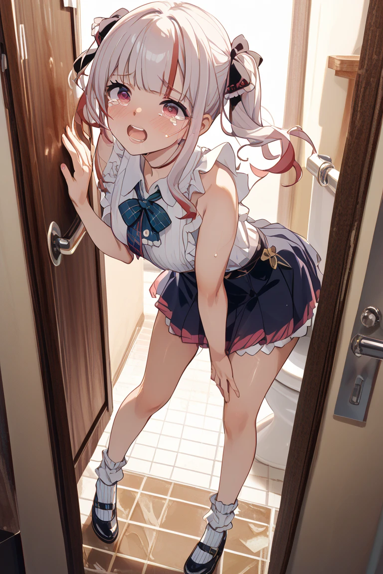 ((masterpiece, best quality)), high resolution,ultra detailed, detailed background, perfect lighting,detailed beautiful eyes,cute pussy,1girl,solo,nsfw,clitoris,vagina,embarrassed,blush,look at viewer,steam,sweat,aroused,(from above),from front,(standing),wavy mouth,open mouth,in heat,fisheye lens,confused,show off pussy,(bottomless,skirt lift:1.4),slender,short stature,slender,pale skin,small breast,twin braids,medium hair, blond hair,pink eyes,momoi (blue archive),cat ears,white shirt