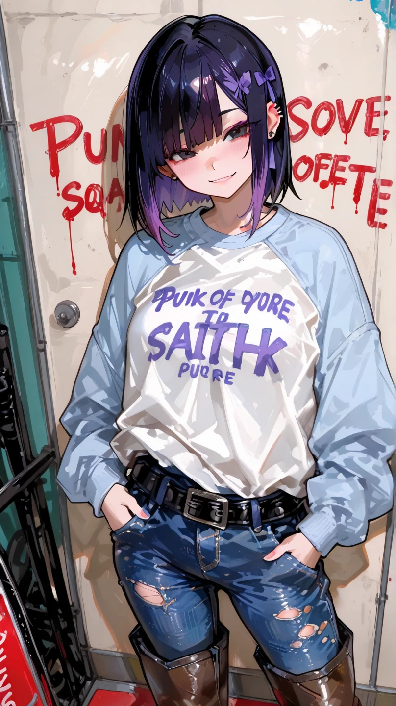 (absurdres, 8k, 4k, masterpiece, hyper extreme detailed:1.2), solo, 1girl, front view, perfect face, 1girl, portrait, expressive eyes, solo, standing, Female, perfect hands, pale skin, friendly, excited, punk rock, Long Hair, Multicolored Hair, black choker, black lipstick, Piercings, Ear Piercings, Nose Piercings, medium Bust, smile, half body, perfect anatomy, hands in pockets, anatomically correct, cowboy shot, no background, empty background, covered chest, white background, exposed shoulder, bound, bondage, (arms behind back:1.4), bdsm, tape gag, tape, tape bondage, restrained, tape wrapped, wrap gag, bondage, taped wrists, taped breasts, taped mouth, taped elbows, taped forearms, standing up, 1girl, cleavage, black hair, graphic t-shirt, white shirt, jacket tied to waist, jean shorts, boots, shades,