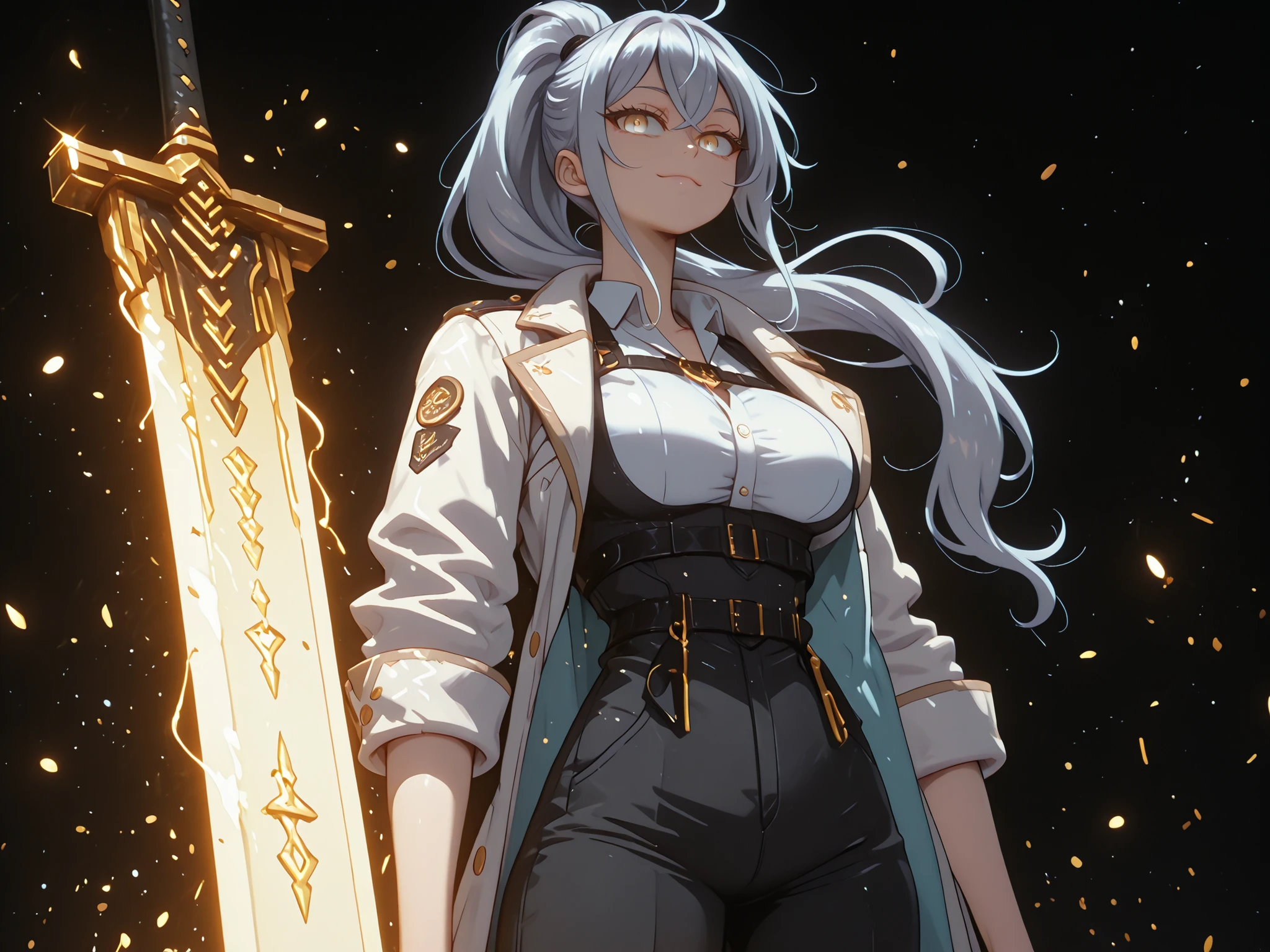 A young female character, black background, with the same height and body type as Alisa Mikhailovna Kujou from Alya Sometimes Hides Her Feelings in Russian. She has silver hair tied in a long ponytail like Sylpha Langlis from Tensei Shitara Dai Nana Ōji, and the same facial features as Sylpha Langlis from Tensei Shitara Dai Nana Ōji: flashy golden eyes, but with a provocative and confident smile. She wears a black tactical military uniform that covers her from neck to breasts, exposing her abdomen, she wears very loose black military pants with military boots that are also black, she wears a white military coat that is falling over her arms and is extremely detailed with several gold medals and military crests, coat falling over her arms, the character is short and has the height, short character, young character, big breasts.
Her pose is bold and confrontational, looking directly at the viewer (screen), and an expression full of confidence. The overall style should be detailed and colorful, matching the rendering quality, but with a cyberpunk feel and a younger feminine appearance, by Alisa Mikhailovna Kujou from Alya Sometimes Hides Her Feelings in Russian, The character is a teenager, the character is short and has the height, short character, young character.
The character is holding a huge large sword whose blade is extremely wide and long, the large sword is completely black and rustic, as if it had been forged from a meteor.
The character has large breasts, a large butt, wide hips and a thin waist. The character is young and short, being just a child, her height is 1.5 meters, flashy golden eyes.