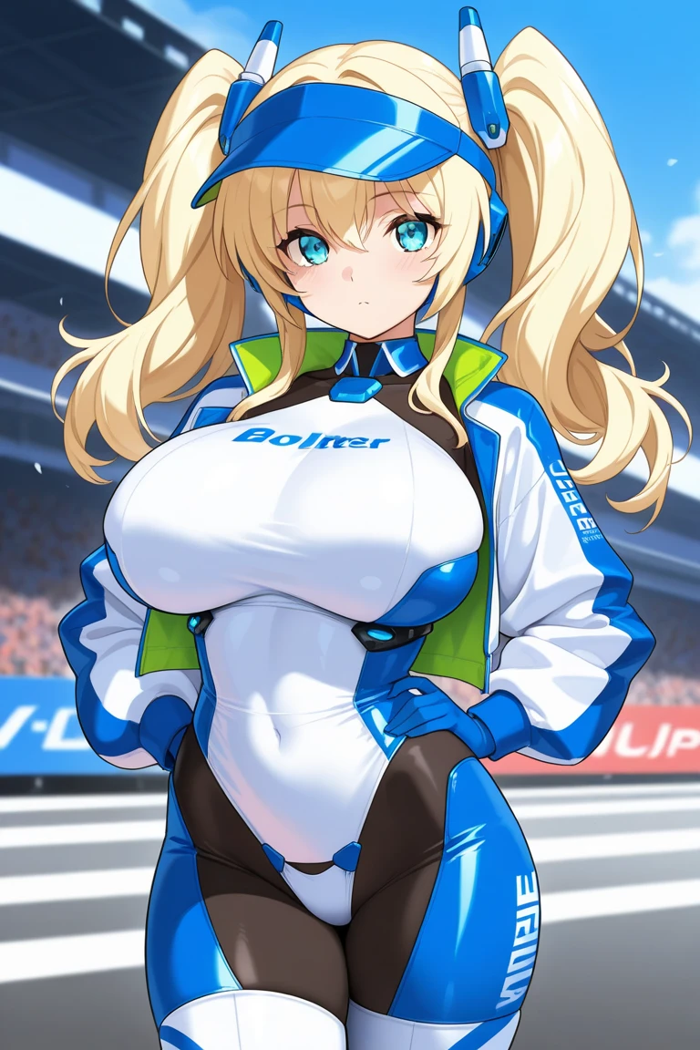 MILF elf, golden hair, ponytail, long hair, racing queen, tight clothes, J cup breast, thicc thigh, black thong, deep cleavage, racing scene, masterpiece, clear view