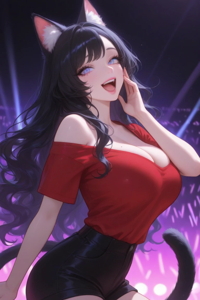 Black hair, hair bobble, wince, long eyelashes, real round eyes, fake animal ears, light smile, ear blush, fangs, (multicolored hair), surrealism, drop shadow, anaglyph, stereogram, tachie, gonzo, atmospheric perspective, depth of field, film grain, rococo style, 8K, super detail, curated, top quality, full body, on stage, Shouting with microphone, live lights, neon lights, backstage