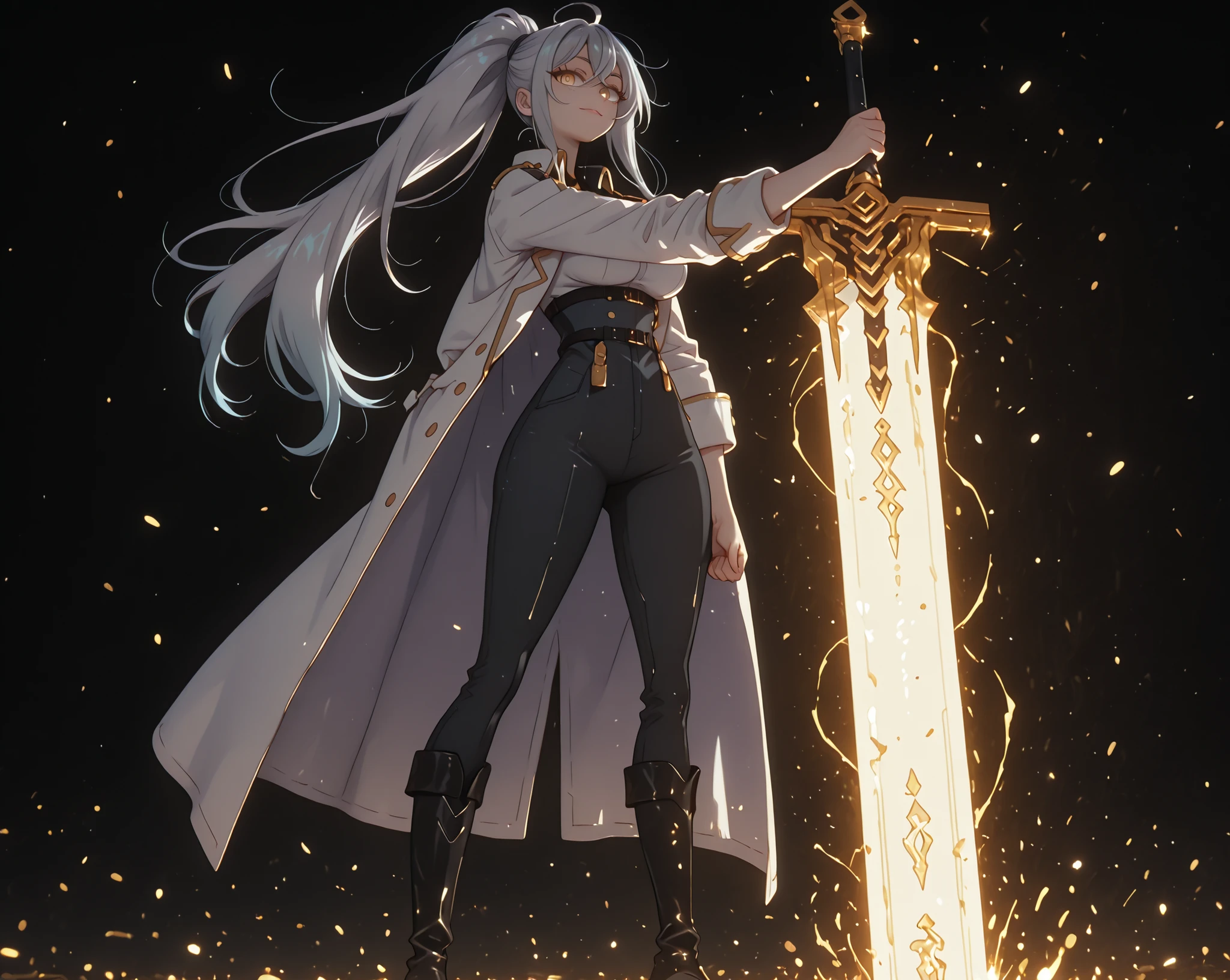 A young female character, black background, with the same height and body type as Alisa Mikhailovna Kujou from Alya Sometimes Hides Her Feelings in Russian. She has silver hair tied in a long ponytail like Sylpha Langlis from Tensei Shitara Dai Nana Ōji, and the same facial features as Sylpha Langlis from Tensei Shitara Dai Nana Ōji: flashy golden eyes, but with a provocative and confident smile. She wears a black tactical military uniform that covers her from neck to breasts, exposing her abdomen, she wears very loose black military pants with military boots that are also black, she wears a white military coat that is falling over her arms and is extremely detailed with several gold medals and military crests, coat falling over her arms, the character is short and has the height, short character, young character, big breasts.
Her pose is bold and confrontational, looking directly at the viewer (screen), and an expression full of confidence. The overall style should be detailed and colorful, matching the rendering quality, but with a cyberpunk feel and a younger feminine appearance, by Alisa Mikhailovna Kujou from Alya Sometimes Hides Her Feelings in Russian, The character is a teenager, the character is short and has the height, short character, young character.
The character is holding a huge large sword whose blade is extremely wide and long, the large sword is completely black and rustic, as if it had been forged from a meteor.
The character has large breasts, a large butt, wide hips and a thin waist. The character is young and short, being just a child, her height is 1.5 meters, flashy golden eyes.