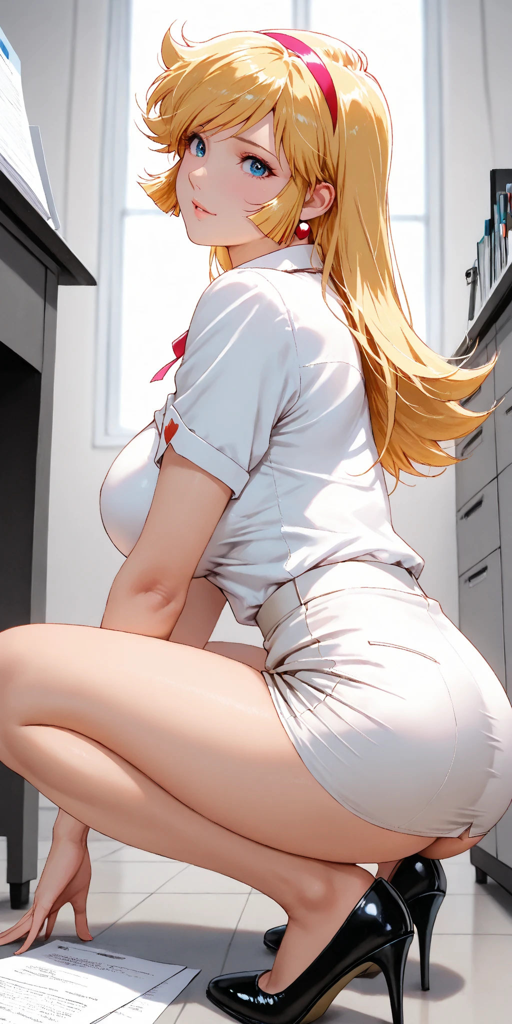 nsfw,(Petite),(A cute boy),blonde low twintails,lips,(Butt Voyeur),Sweat,White Breath,Peeking in from below,Back view,Big Ass,((Groin bulge)),Ass up close,skirt,Spread your legs,(Sit in an M-shape),Nurse uniform