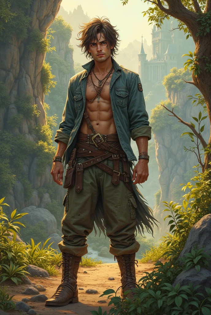 arafed man with tattoos and a chain around his neck standing in front of a jungle, technoviking male with no shirt, ernest khalimov body, concept art like ernest khalimov, kane from command & conquer, arnold maya render, bodybuilder ernest khalimov, adventure hyper realistic render, inspired by Andor Basch, in a jungle, fantasy character octane render