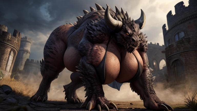 Detailed painting, by Taran Fiddler, dragoness, full body, feral, dainty, friendly, colorful, rounded snout, wings, pregnant-like belly, round belly, dominant belly, huge belly, bloated belly, big muscles, wide body, thick body muscles, powerfull muscles, beefy muscles, thick neck, beefy neck, sharp fangs, long and sharp fangs, big feet, long feet, powerfull feet, giant feet, enormous feet, long and shar claws, tall, enormous, giant, gigantic, gargantuan, kaiju, powerfull look, badass look
