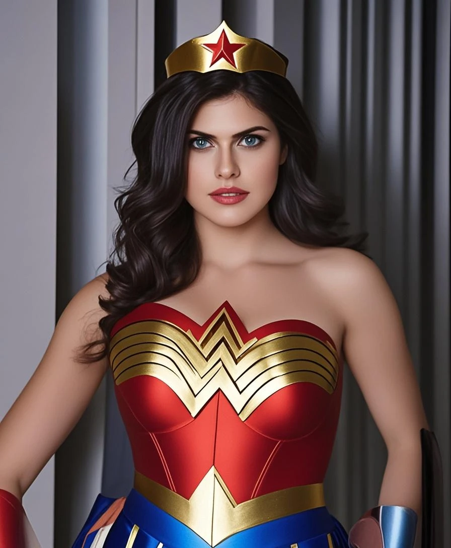 Sexy alexandra daddario as a beautiful female superheroine , olhos verdes cabelos castanhos, rabo-de-cavalo, camisa vermelha da colheita, com uma estrela dourada, wears a golden tiara on his forehead with a red gem on his head , Pulseiras de Ouro, Botas vermelhas longas, e pequenos shorts vermelhos fotografia de retrato por artgerm, no estilo do realismo, pele cintilante, Cartooncore, Mangacore, natural lighting, Defined full lips. Female body muscle fitness