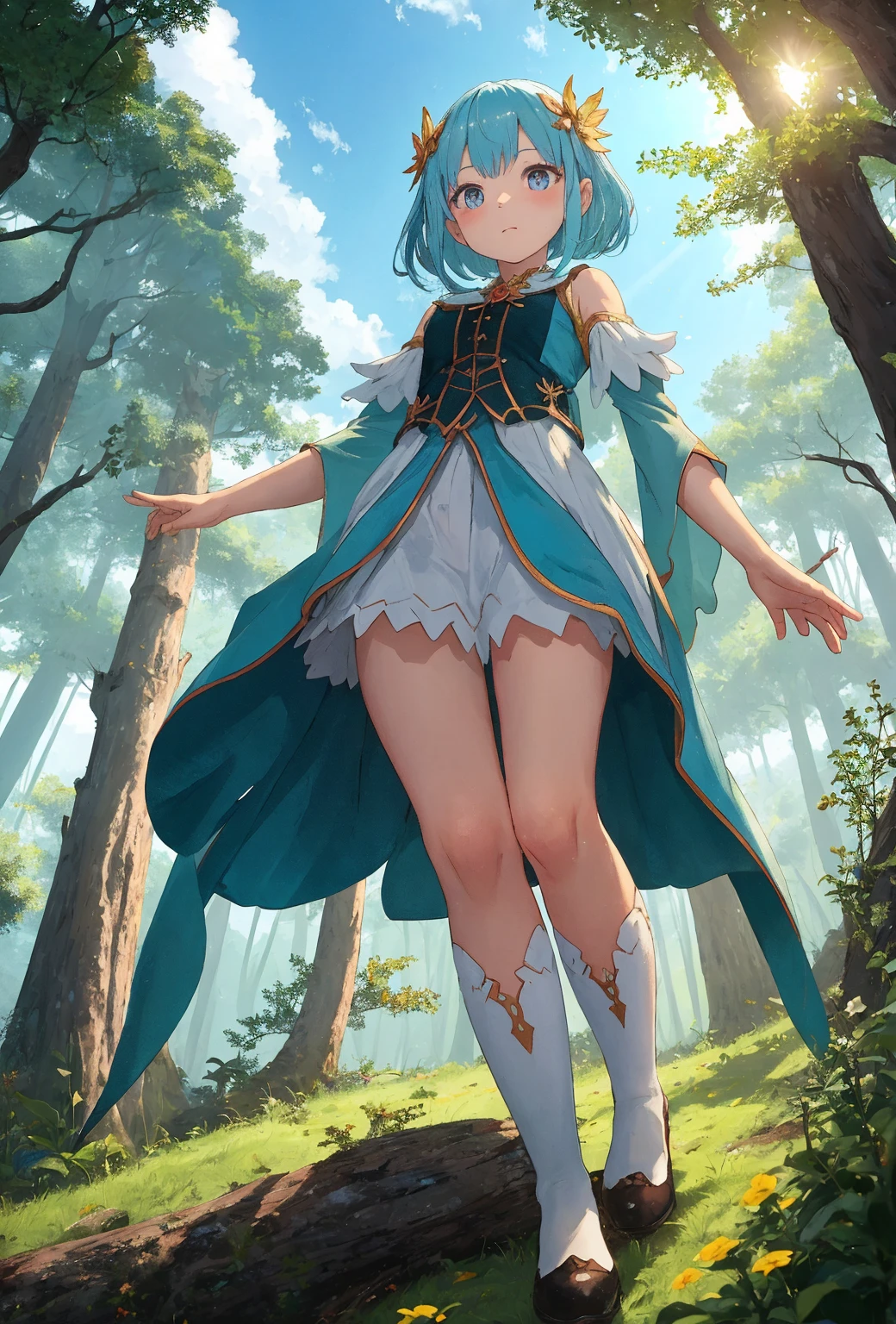 (1人の女性が強いWindを受けてスカートを手でおさえている, 服を切り裂くWindで服が破けている, Windでスカートがめくれてパンティが見えている, White panties:1:3), Beautiful Anime Woman, Beautiful art style, Anime characters, ((Smooth texture, Realistic texture, アニメCGWind)), ((Highest quality)), (Very detailed), (Very detailed CG 統合 8k 壁紙), Very detailed, High-resolution RAW color photos, Professional photography, masterpiece, Highest quality, beautiful and big breasts, Slender body, (Stunningly beautiful woman), (Detailed face:1.2), (Blue Hair, White Dress, White mini skirt, belt, Red eyes, Circlet, boots, Blue Cape), Outdoor, nature, Wind, Perfect lighting, Perfect Shadow, Exact number of arms, Exact number of legs, Perfect Anatomy, Exact finger count、Exact number of legs、(Exact number of arms:1.0, Exact number of hands:1.0), (Perfect hands, Perfect Anatomy), (Embarrassed expression), Angle from the front, Dragon Quest, wise