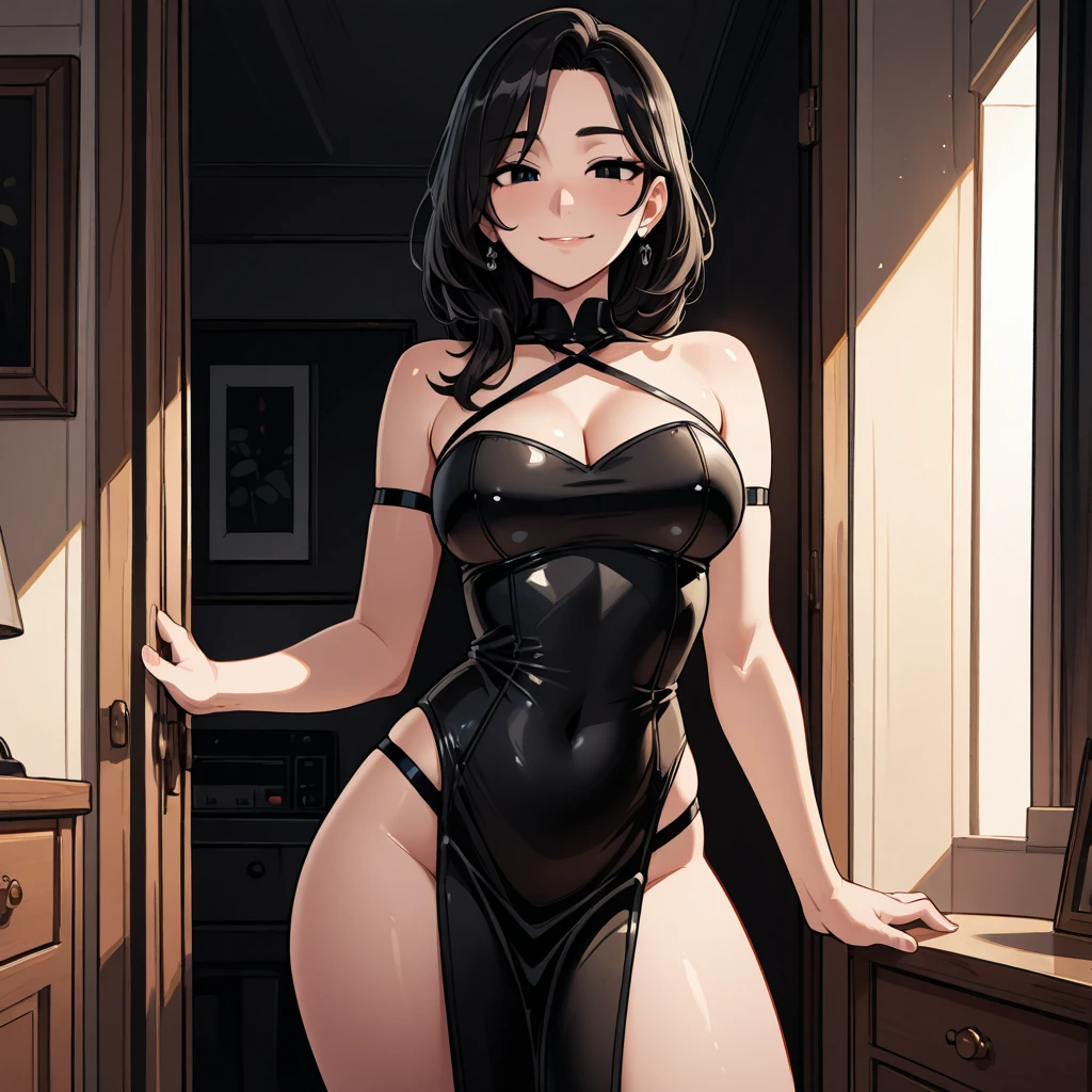 Beautiful woman with short straight black hair with green eyes wearing a Tight Mock Neck Cut Out Dress, Red Sexy Criss Cross Mock Neck Dress With Short Sleeves, luxurious jewelry and luxurious necklace, rimless glasses, high heel shoes, standing in her office room at night, carrying a luxurious wallet, (caucasian skin), (light brown lipstick), (elegant mascara), (slim body with abs), (small breasts), (wide hips), midjourney, <lora:GoodHands-, <lora:GoodLegs-, UHD, high resolution, (masterpiece:1.9, best quality), (expressive eyes, perfect face, full body, expressive face, perfect body, perfect pussy, athletic, fit, slim body, blushing, Perfect makeup, eyeliner, beautiful eyelashes, smiling, horny face), ((best illumination, best shadows)), ((sexy pose))