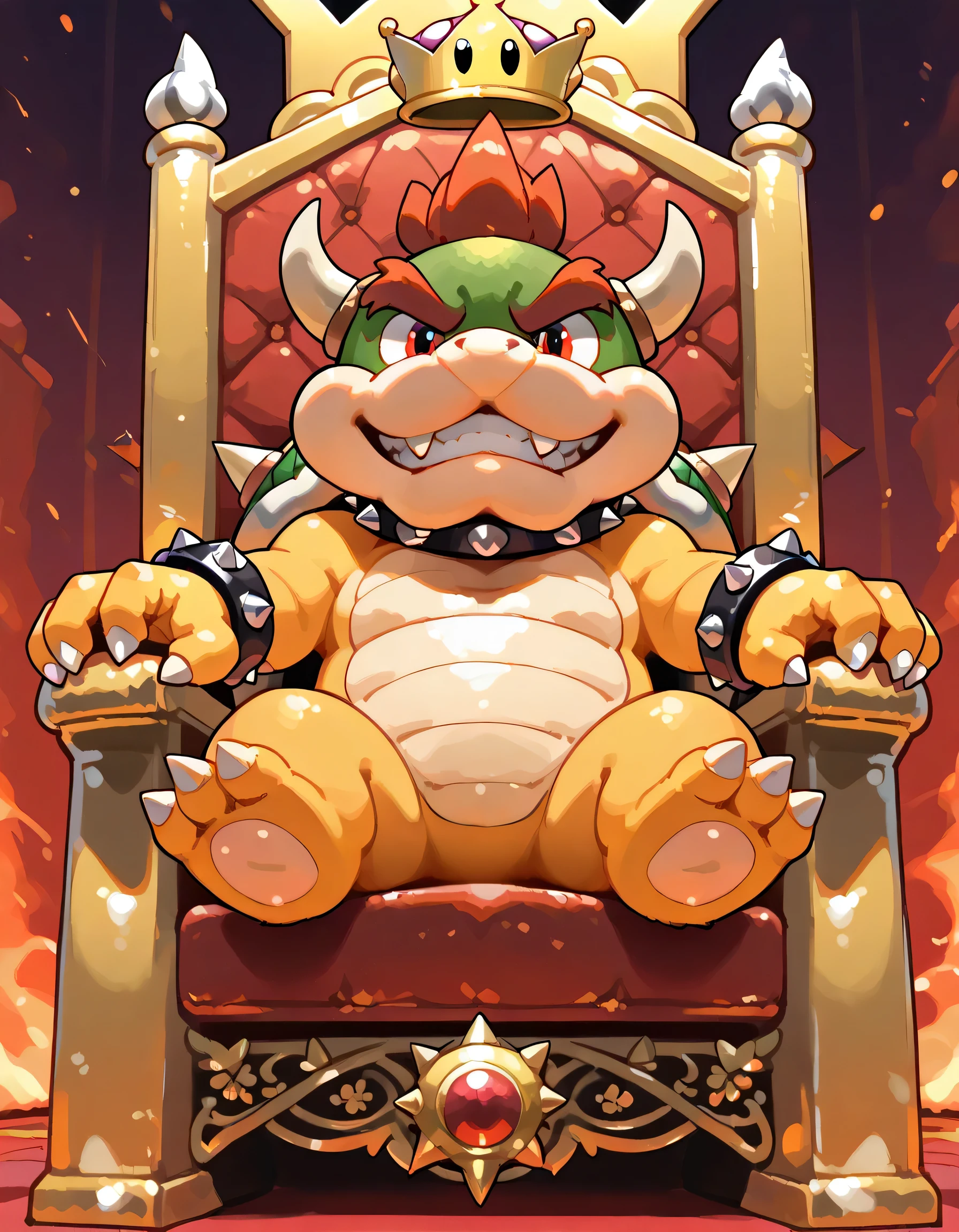 sideview+,(chibi),(dynamic angle,dynamic sitting throne pose),source_furry, hi res, sfw, close up, rimlight, solo,(portrait)+,Bowser, Spiked Bracelets, Spiked Collar, Spiky Shell, red eyes,pride, grin, looking at viewer, anthro, male,Bowser's castle, luxurious throne, Koopa (Mario), relaxing,