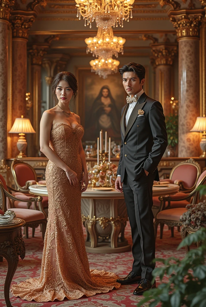 The goddess with a confident look in an elegant and beautiful dress sits on a chair,Young handsome man in a suit looking at the goddess affectionately,A man kneeling on the ground crying for mercy,The background is an award ceremony。The characters in the picture have vivid expressions,Body language is powerful,Make details richer,Impressive。,masterpiece,Highest quality,The visual impact is strong。
