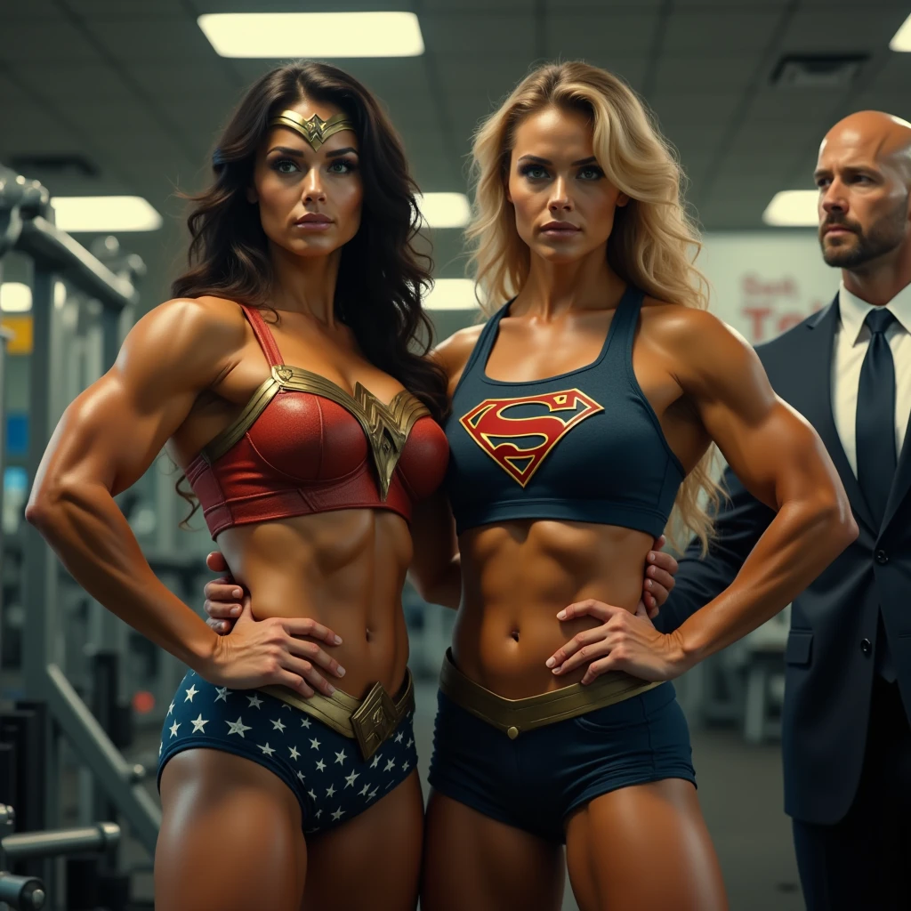 A fit dark haired Caucasian woman on the left, in green and pink striped bra and panties, A buff Norwegian blonde woman on the right, in white bra and white high cut panties, in a gym, referee in the distance, photo realistic, intricate details