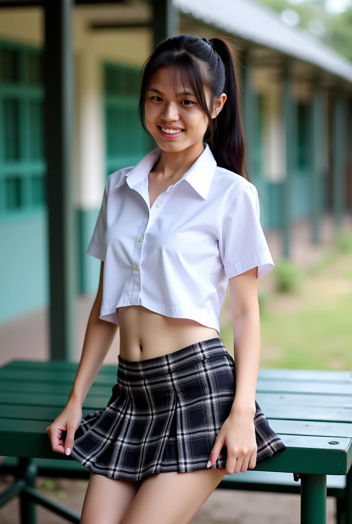 Beauty Indonesian woman in student uniform, beauty big breast, show pubic hairs, vivid colors, bokeh