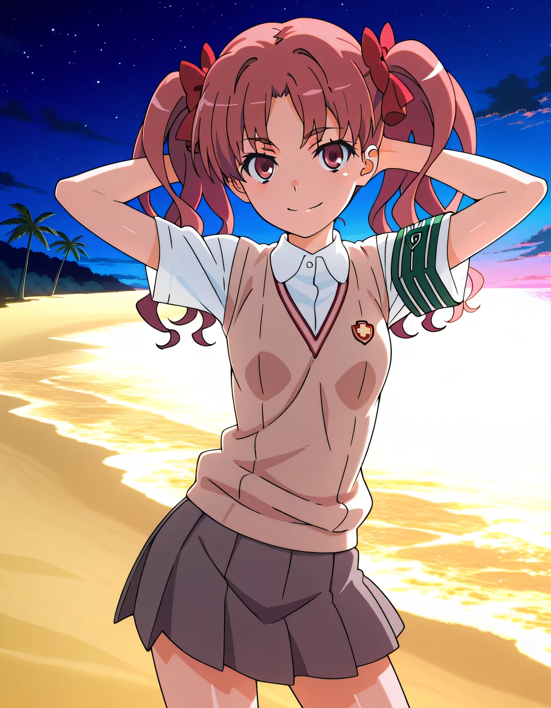 1girl, shirai kuroko, toaru majutsu no index ,micro bikini, nipple slip, nsfw, anime, official art, beach, smile, nose blush, shy laugh,