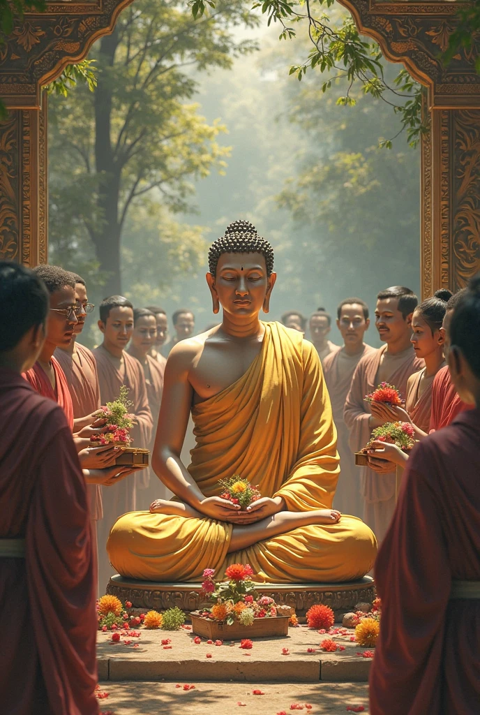 Thai people sit and pay respect., The Buddha bestows blessings in the center of the picture., The monk sitting in the middle preaches.,Scene at the forest temple ,Real picture,Real people