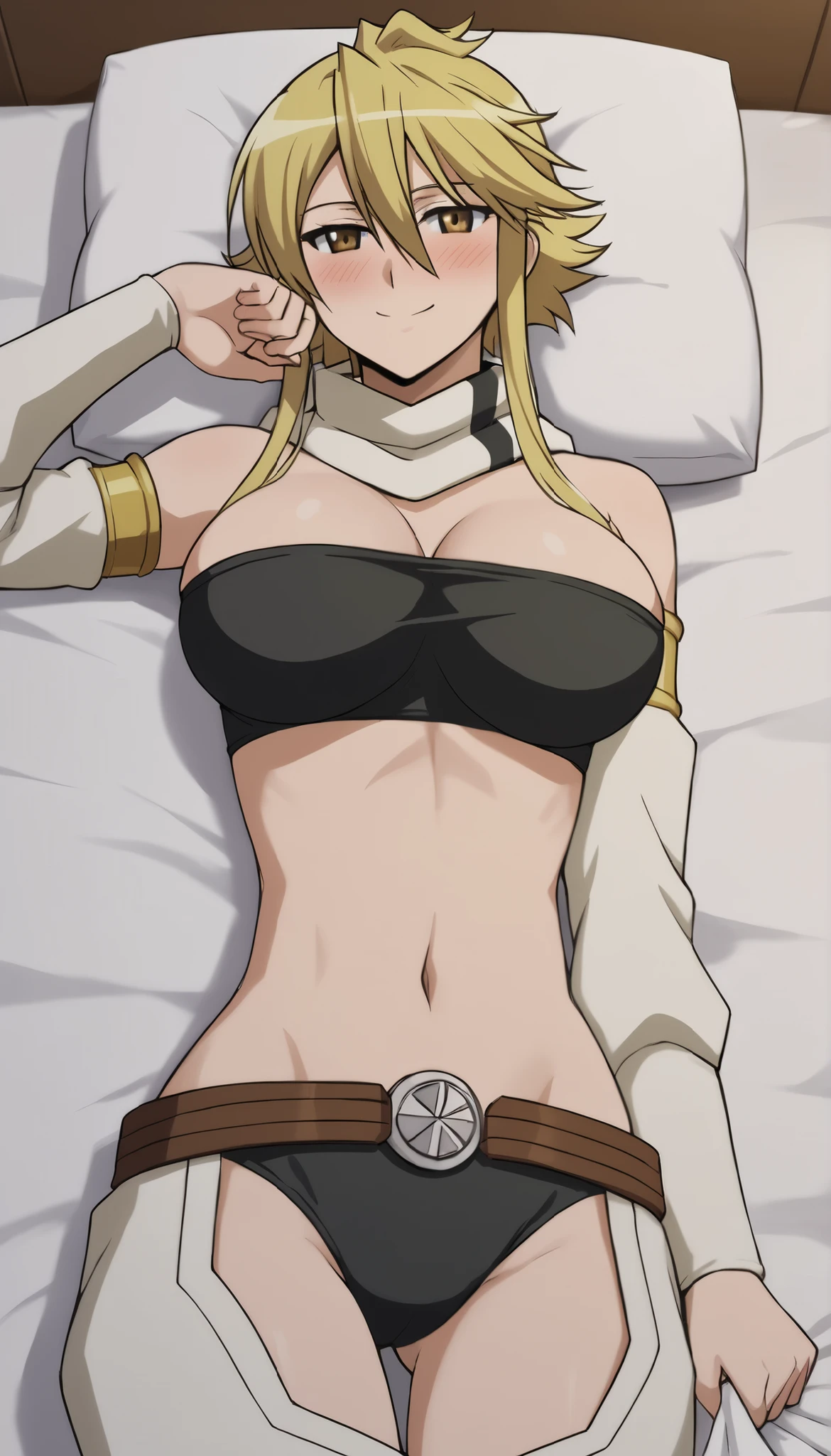 Leone, solo, from Akame Ga Kill, big breast, scrafless, bare neck, without scraf, tube bra, lying on a soft bed, blushing with a seductive expression, no scarf, no belt, wearing only a revealing outfit that accentuates her curves. Her blonde hair is slightly messy, cascading over the pillows. She has a playful,naughty seductive smile, teasing gaze, one hand resting near her face while the other lies gracefully on the sheets. The lighting is warm and intimate, enhancing her body and sensual pose. The style is anime-inspired, highly detailed, with a focus on her alluring expression and feminine charm."*