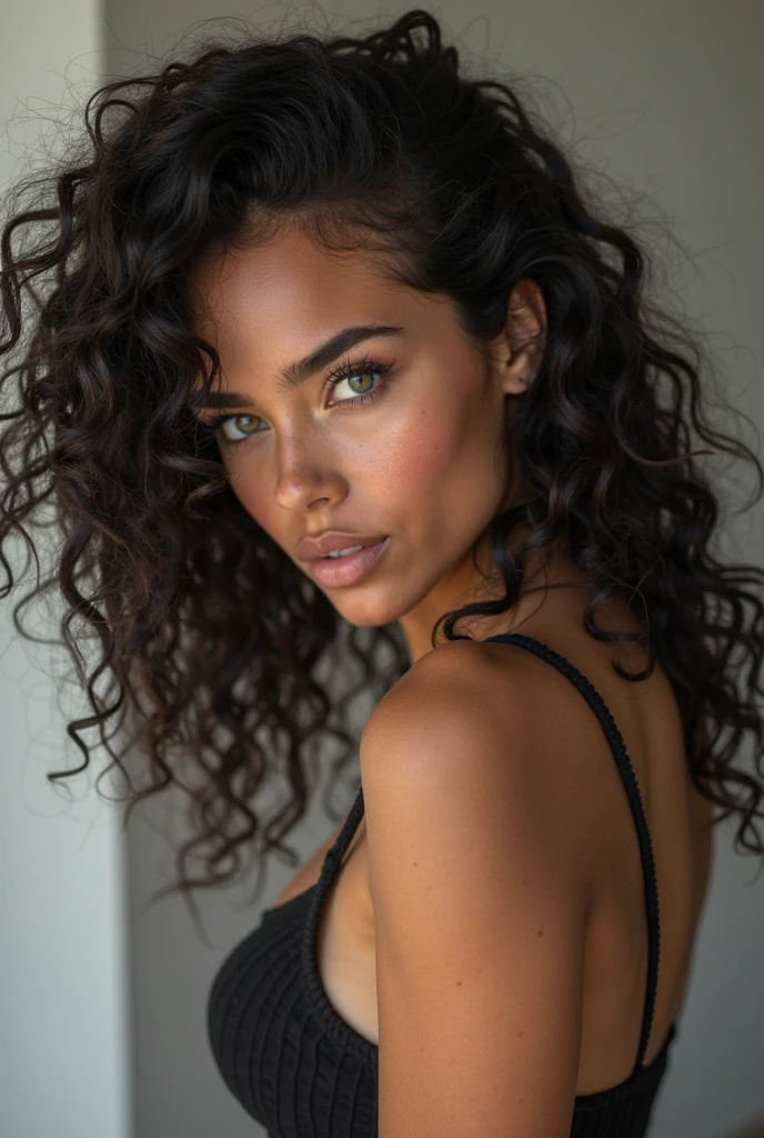A beautiful caucasian girl in her mid 20s, with black curly, long hair