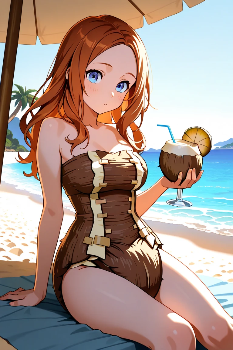 Woman with blonde hair and the length of her hair is up to her breasts, her eyes are brown and she is wearing a light green bikini and she has medium breasts and a medium sized ass too , she is thin and is drinking a strawberry cocktail on the beach and her other hand is holding her hat versão anime