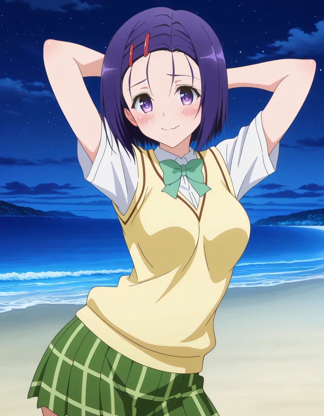 haruna sairenji, sairenji haruna, hair ornament, hairclip, purple eyes, purple hair, short hair, swept bangs, forehead, mature female, medium breasts, anime screencap, green skirt, plaid, plaid skirt, sainan high school uniform, school uniform, skirt, sweater vest, yellow sweater, short sleeves, high quality, solo, night sky, beach, hands behind head, ((contrapposto)), closed mouth, cowboy shot, looking at viewer, wavy mouth, shy smile, blush, best quality