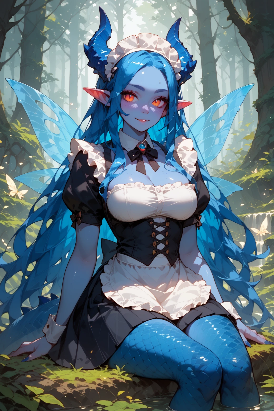 masterpiece, best quality, extremely detailed, 1girl, solo, (colored skin, dark blue skin:2), nakano ichika, (huge breasts:1.4), ((((pink hair), long hair, blue eyes, slit pupils, pointy ears, sheep horns))), parted lips, (((collarbone, outfit-hindenburg, covered navel, elbow gloves, black gloves, black miniskirt, black pantyhose))), ((light smile), closed mouth), ((sitting on a bench, garden))