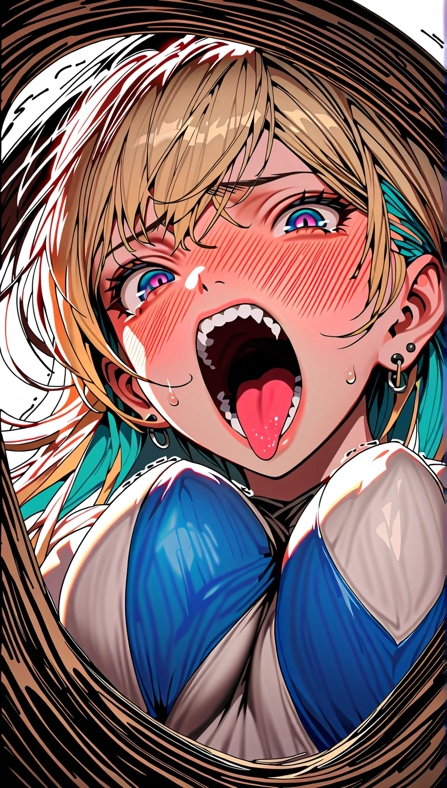 A femboy with long blonde hair and tanned skin sucks a dick with tears in his eyes