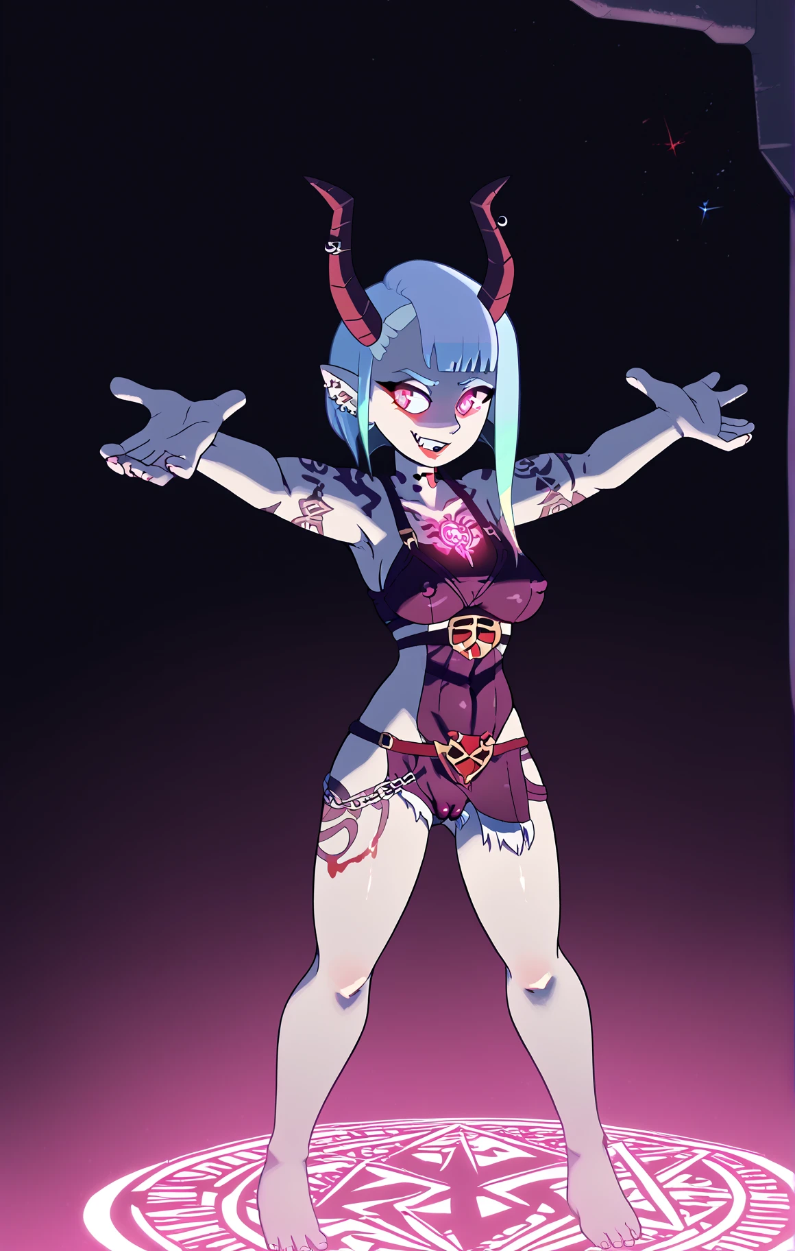 wavy, 1 loli, solo, small breasts, looking at viewer, bare shoulders, open sleeves, hair over one eye, red eyes, side ponytail, a ponytail, loose collar, skull, ((blue skin)), stitches, zombie, striped sleeves, stitched mouth, extremely detailed, highly detailed, perfect face, beauty, perfect eyes ((skeletal arm, vivid tails, big butt, big lips)), baggy eyes, makeup, big eyelashes, cute, adorable , serious, ((leviathan: 1.3)), full body, in lingerie, ecchi anime style, full body art, ecchi style, anime character, kneeling