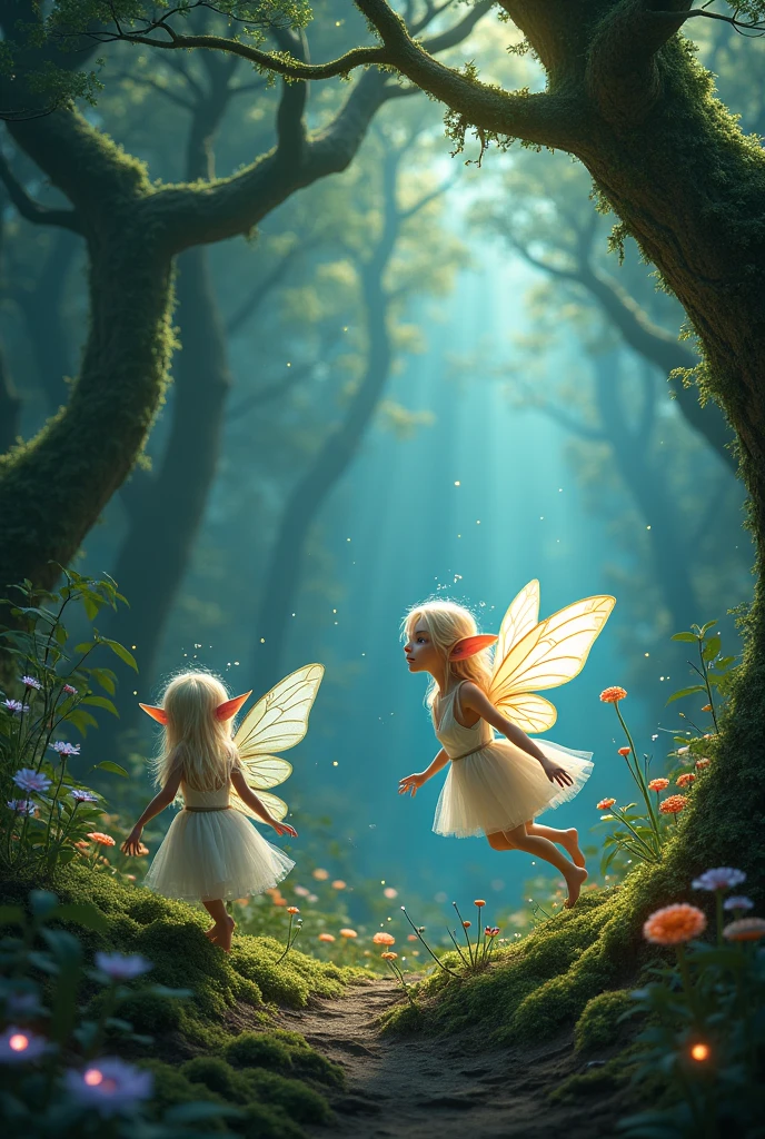 Highest quality, Ultra-high resolution, (Happy scene), Transparent silver hair、Feather-like costume,Palm-sized fairies、 (background、lake、big tree forest、gravel、Moss、sunlight)、 (A small tree sprout growing in the square)、(The watching fairies)、