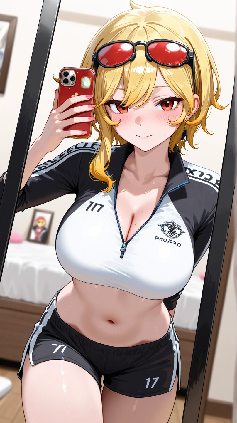 One girl, masterpiece, Highest quality, Medium Full Shot, Blonde ponytail, Ganguro,(Leopard print bikini, Big Breasts, Shorts, Selfie in the mirror)