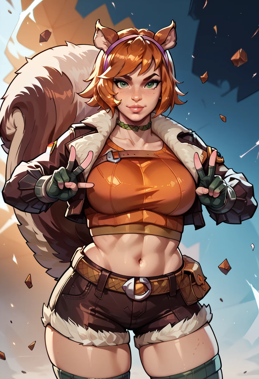 ((score_9, score_8_up, score_7_up, score_6_up, score_5_up, score_4_up)), BREAK, ((source_Western_Comics)), BREAK, ((Masterpiece, Best Quality, Highly Detailed, 3/hot, Detailed Background)), BREAK, ((Large Breasts, Wide Hips, Big Ass)), BREAK, ((Sexy Pose, Action Pose, Dynamic Pose)), BREAK, ((1girl)), squirrel girl, squirrel ears, large squirrel tail, short hair, red hair, ((freckles:1)), green eyes, cropped jacket, fur trim, finger-less gloves, midriff, shorts, thigh-highs, peace sign, V