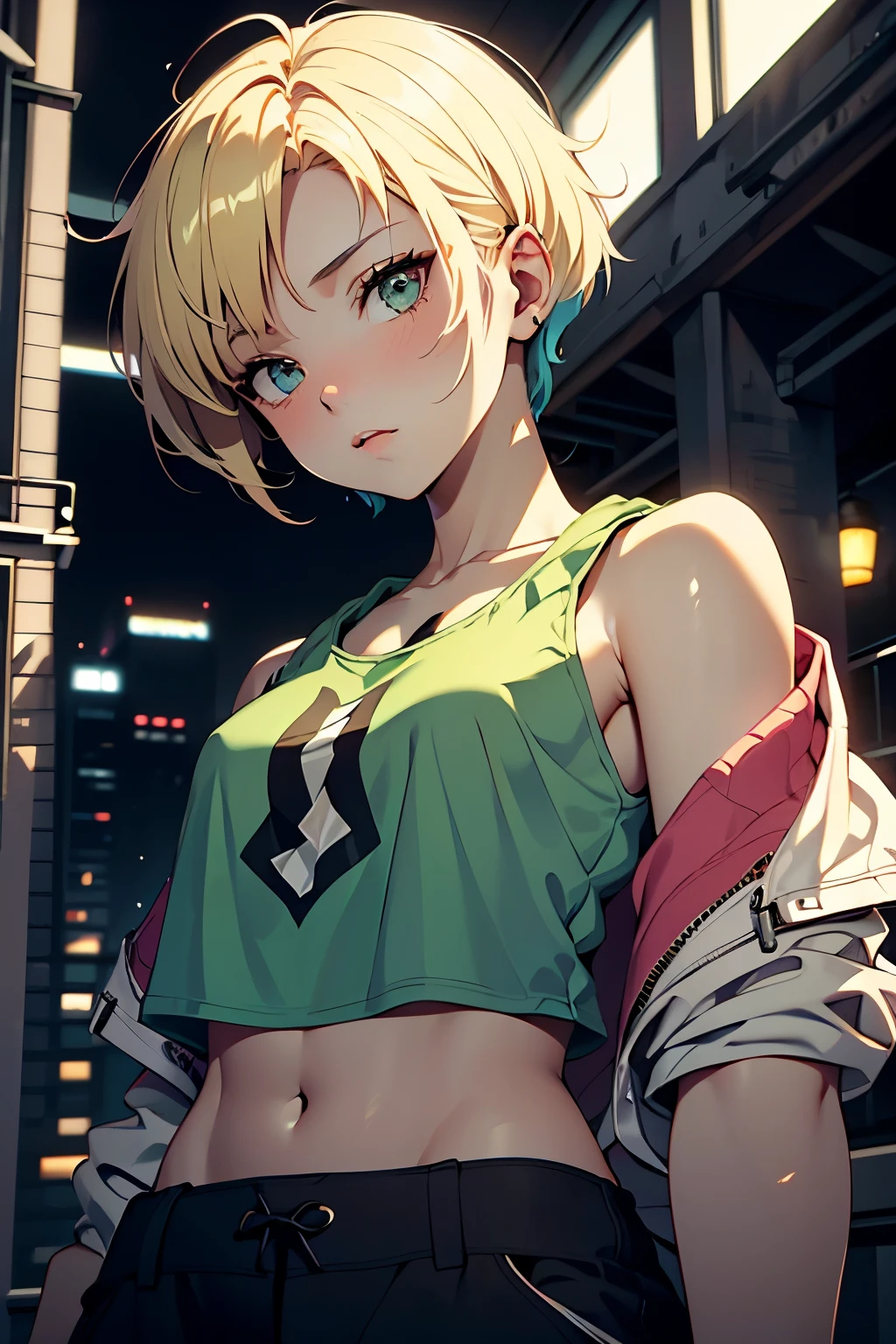 jovem, , bonita, Pixie, , style blonde haircut wearing a cropped hoodie tank top . best quality of style, obra-prima, ((rosto bonito)) high definition, visto de cima