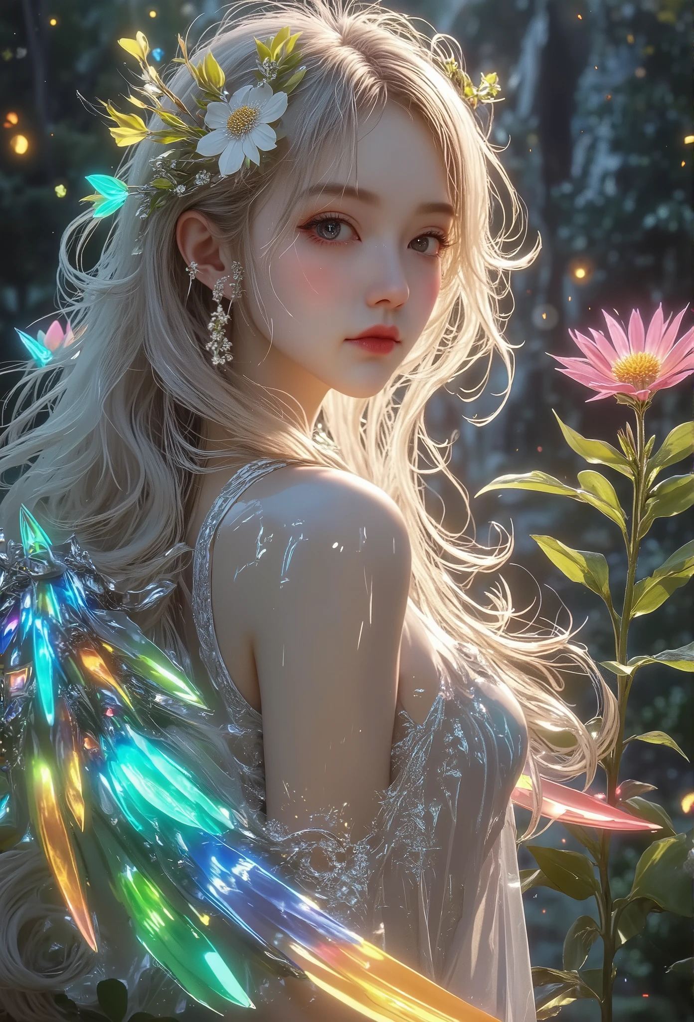 Angel Wings、ADORABLE YOUNG KOREAN WOMAN, Smile Yan, drill hair, HONEY HAIR IN A PASTEL COLOR DRESS {x}, oily skin, glowing skin, milky white skin, VERY BRIGHT GARDEN, MULTIPLE COLORED FLOWERS