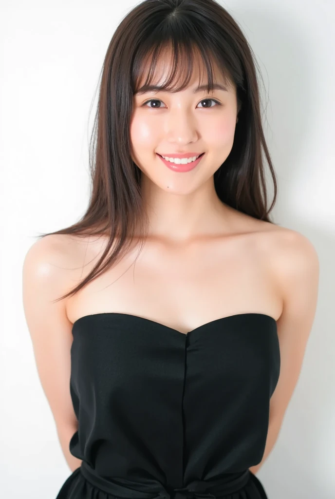 upper body, big eyes, flat chest, (arms behind back:1.1), make up, sport-bra, baby face, smile, long hair