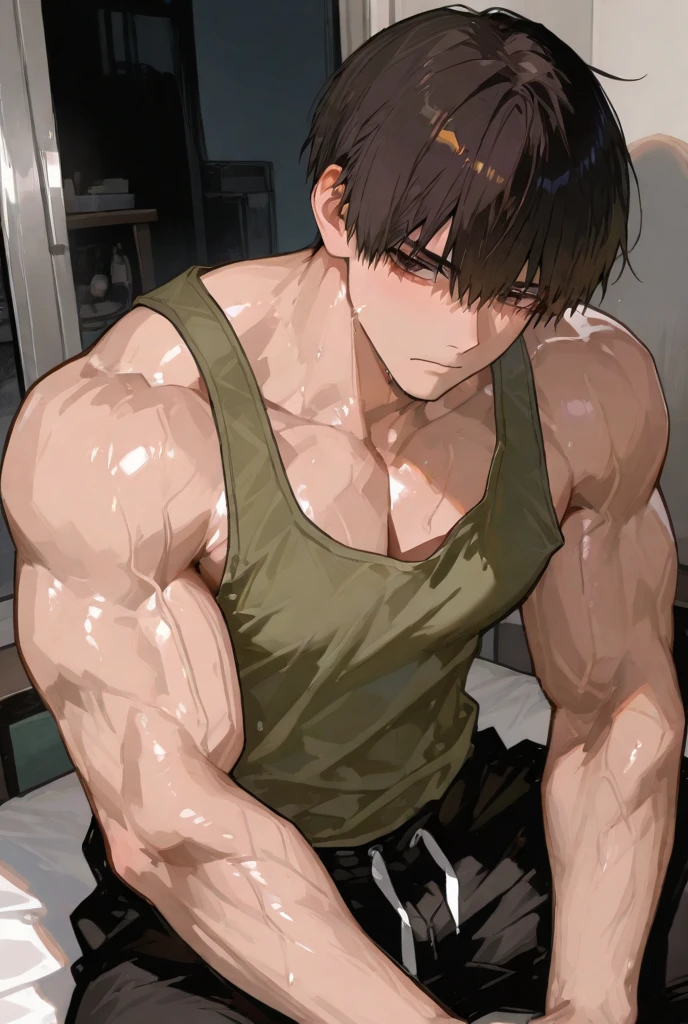 Kiritsugu is sitting and showing his biceps. He wears black shorts. You can see his thighs. He looks stoic and serious. He has bulging veins on his arms. He is shirtless.