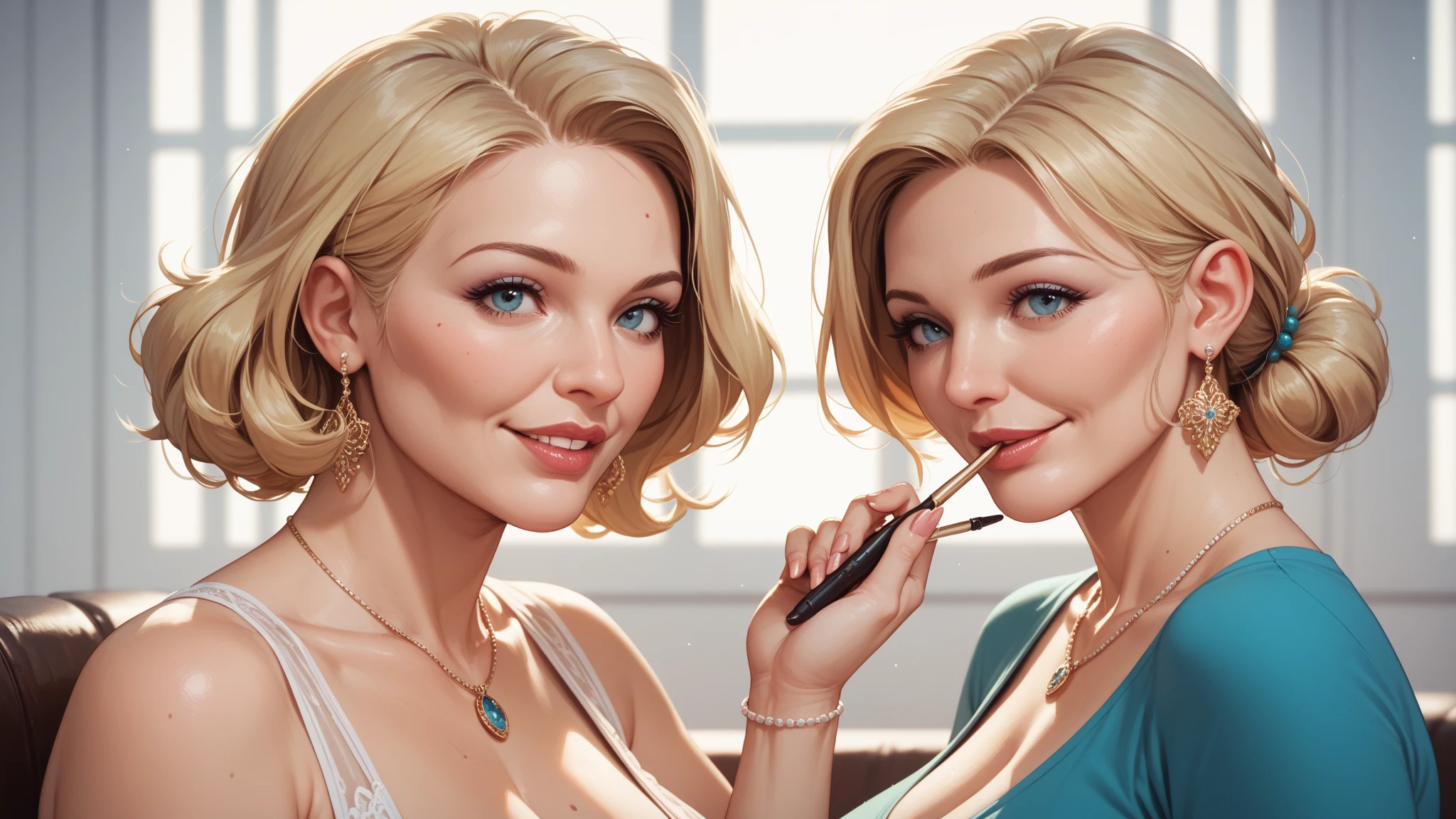 a mature woman with blonde hair, jennie kim, two mature women, elegant classy dress, beautiful detailed eyes, beautiful detailed lips, extremely detailed eyes and face, long eyelashes, hyper realistic, 8k, photorealistic, photo-realistic, studio lighting, physically-based rendering, professional, vivid colors, masterpiece, (best quality:1.2), (realistic:1.37), portrait