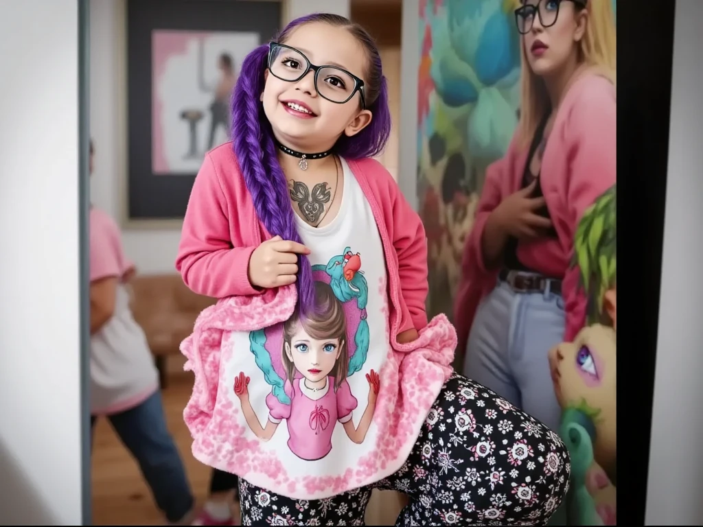 Children's book characters, A happy seven year old wavy-haired girl, (Blue Hair), Wearing a pink and lavender dress,A rope hangs around his neck,There is a key on it, She sat on the floor,A book on my lap