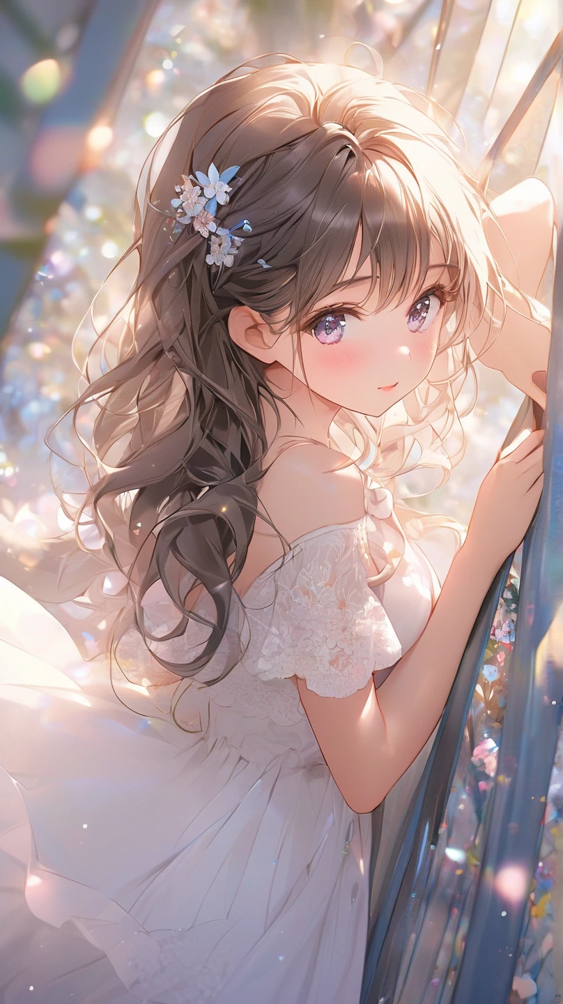 (table top, digital art, digital illustration, 4K, 8K, super detailed, beautiful images, clear image, realistic, RAW photo, perfect face, perfect lines, perfect eyes, soft lighting) 1 female, (light brown hair,chignon hair,innocent look,droopy eyebrows,drooling eyes,With a round face,Round jaws、innocence,cute,Big eyes,natural makeup,smile gently,E cup,23 year old female:1.3),Two handsome men in suits, (human,Men in suits,muscular,Firm shoulder width,adult male,boyish hairstyle,A man in his 30s with a cool expression,28-year-old man with bright smile:1.2),coastal、beach wedding,(embarrassing,shy smile,magnolia bouquet:1.2),coastal、kiss、Kissing、couple、couplekiss、romance、Wedding dress、wedding style、