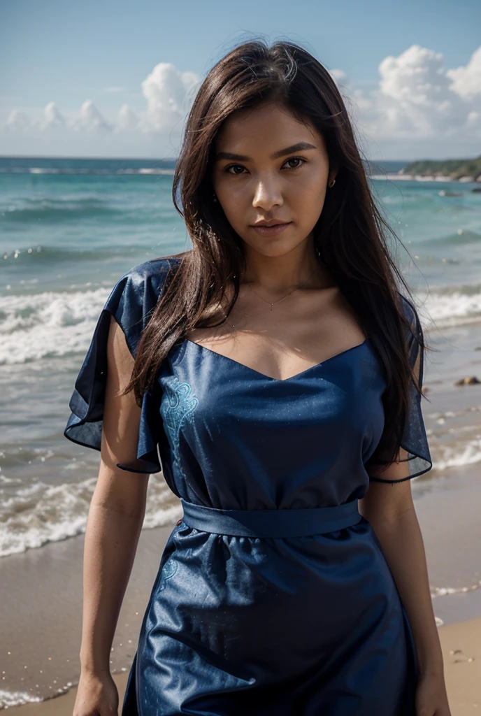 brazilian girl, white skin, blue eyes, black hair, beauty, on the copacabana beach, at night, blue dress