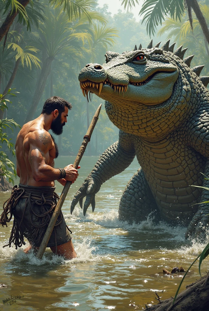 a burly man with a muscular stomach being eaten by a crocodile in a swamp