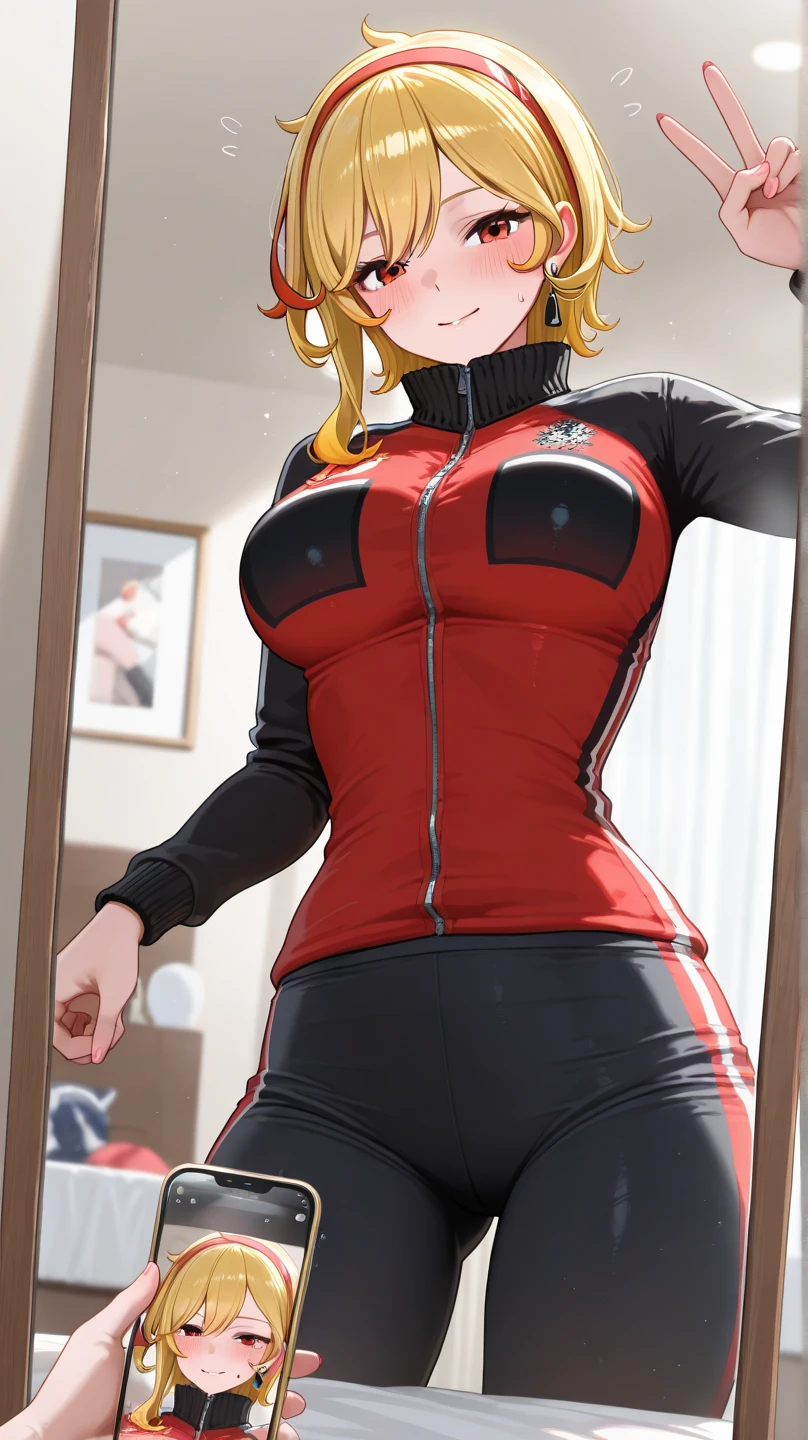 tmasterpiece,Best quality,Japanese cartoon,hand sign,_hand sign,1个Giant Breast Girl,Be red in the face,avaGet outh,Tongue stock_Get out,Colossal tittremely detailed cg unity 4k wallpaper),(tmasterpiece),(Best quality at best),(ultra - detailed),(Most Best Illustration),(The best shadow),(absurd res),(detailedbackground), Android18, 1个Giant Breast Girl, Android18, Alone, Blonde hair, eBlue eyes, 耳Nipple Ring, jewely, jaket, arms folded, short detailed hair, pink track jaket, trouser, Pink tracksuit, looking at viewert, pink track trouser, ssmile, , cow boy shot, longer sleeves