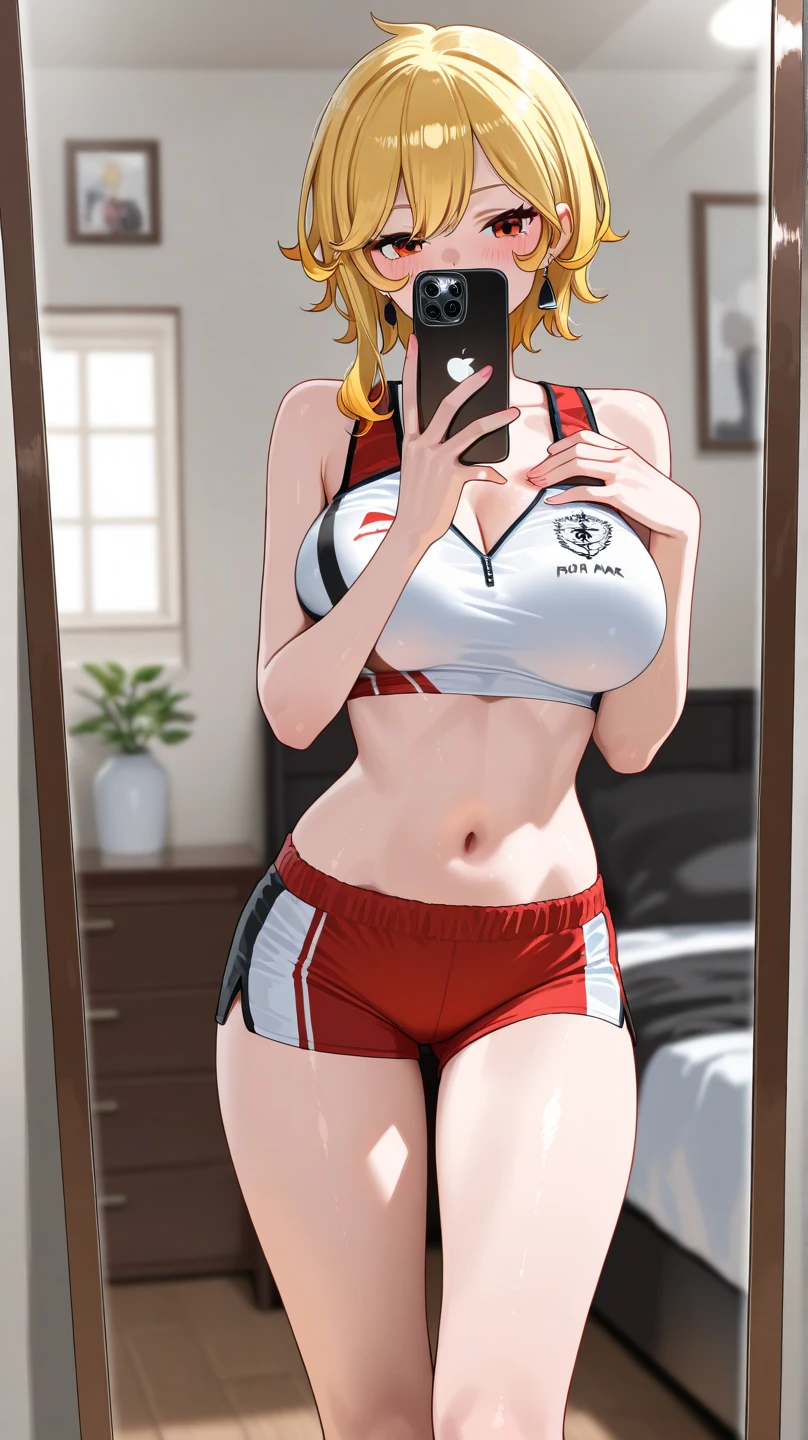 masterpiece, best quality,<lora:akarihanao-nvwls-v1:1> akari hanao, red sports bra, red yoga pants, standing in bedroom, selfie, large breasts, looking at viewer, smile, standing