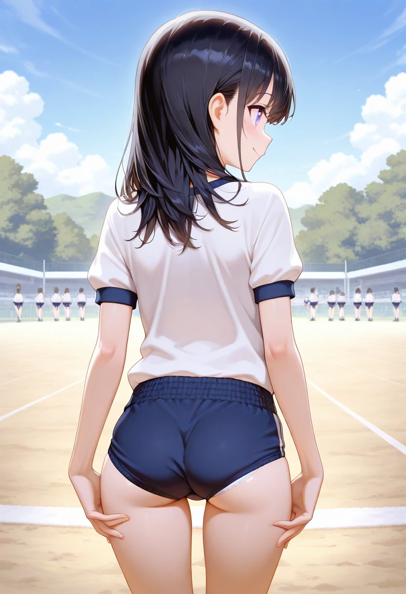 cute girl, pig tails hair, black hair,track runner, track field, mini laced crop top off shoulder, side view fellatio, sucking mans cock, sex slave, on knees, small waist, arching back