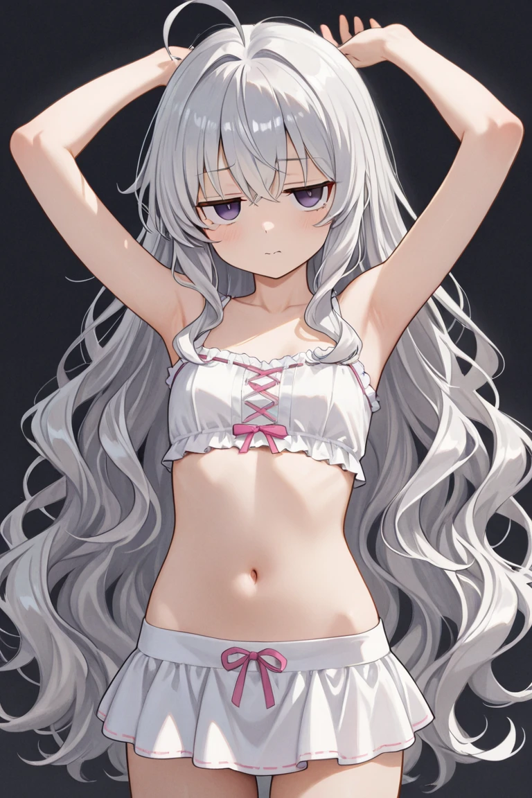 (muste piece), (best quality), (score_9, score_8_up, score_7_up), very detailed eyes, expressive eyes, perfect face, very detailed face, highly detailed face, beautiful girl, 8K, beautiful girl, white background, delicate and beautiful face and eyes, dark intense shadow, 1 girl, cool girl, girls frontline style, girls frontline, g11, long hair, sliver hair, bare shoulders, sexy bikini, bikini front-tie top, side-tie bikini bottom, small chest, soft chest, cleavage, clavicle, cameltoe, bare arms, off the shoulders, sleepy eyes, dark circles under eyes, wet hair, wet body, body visible through clothes, chest visible through clothes, ass visible through thighs,(full body), barefoot, naked thighs, sitting, indian style, open legs wide, from below, pov crotch,