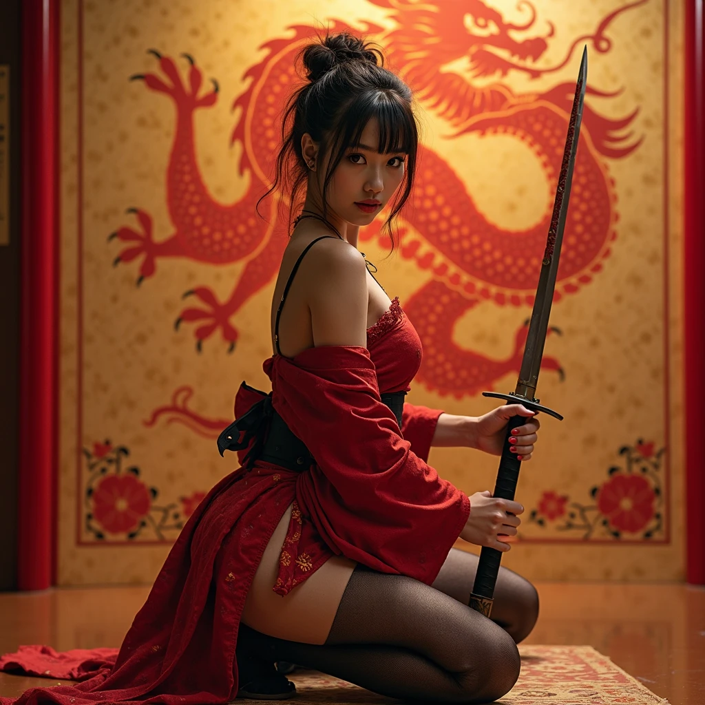 （best qualtiy），（solo person++），Woman in Red，（（Kneeling pose，Point at you with your ass））mature，(Female captive+)，Flirtatious，cabelos preto e longos，hair-bun，huge tit，Fragrant shoulders，Bare legged，Jade foot，Barefoot，Barefoot，(Hands tied behind their backs)，(execute+)(Women cut off their heads)，(anvil，Beheaded by a large sword)，Decapitation ceremony，jewelry，Normal posture