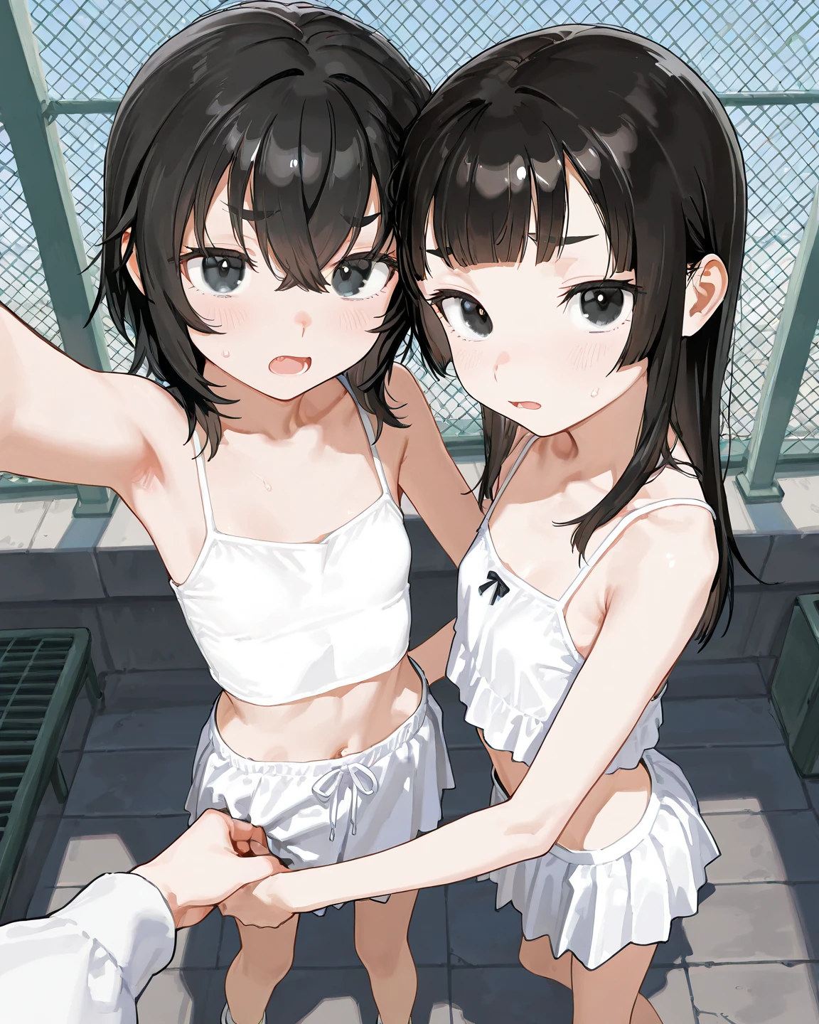 realistically, 2 girls, longhair, brown eyes, glowing eyes, white short skirt, Blush, daytime, Wet from the rain, see through, Strapless shirt, nipples, squatting, pussy, 16 years old, armpit, crotch, pee