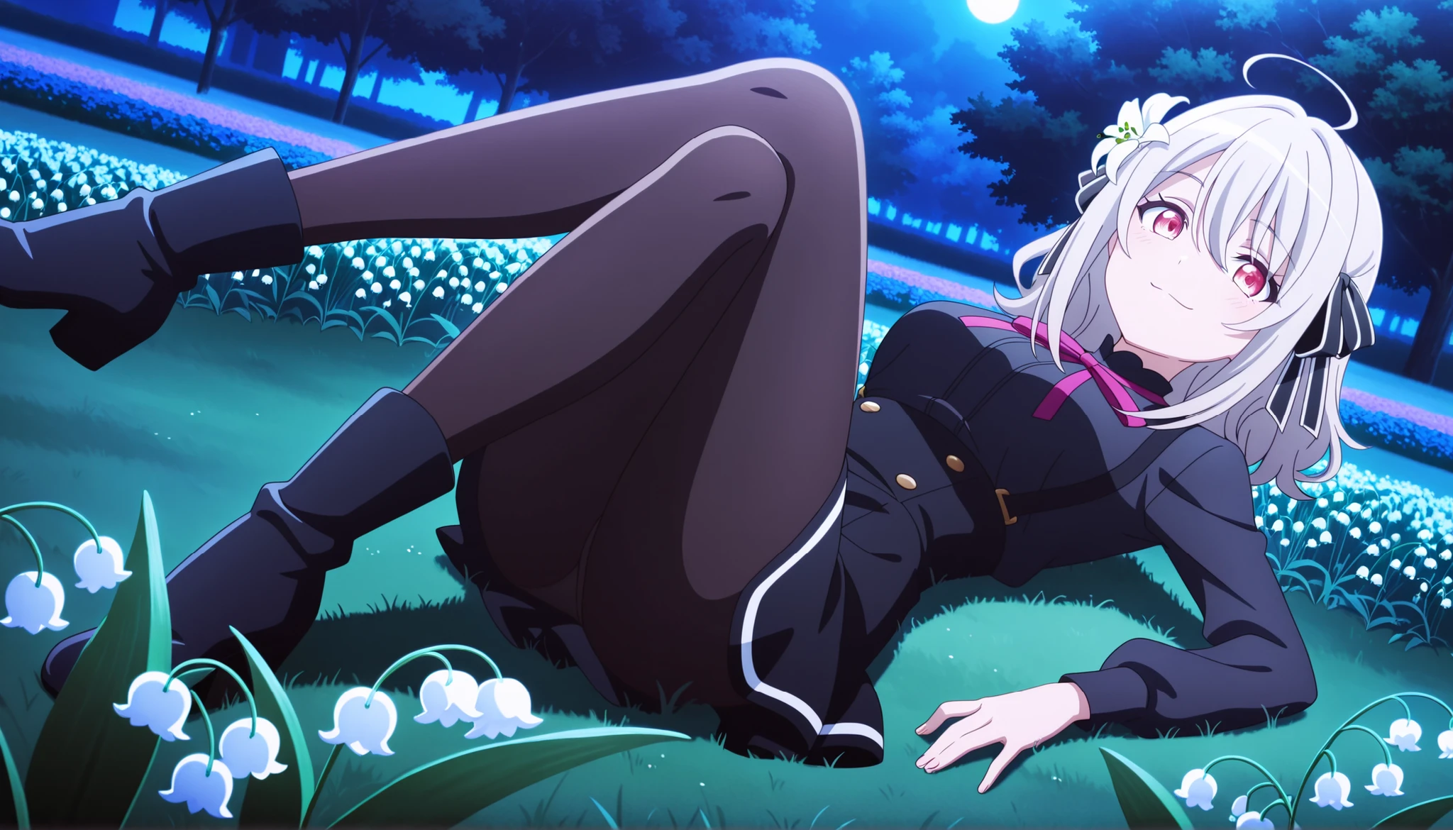 best quality, high quality,amazing quality,highres, absurdres, newest,Anime screencap,anime screencap,anime coloring,highly detailed illustrations, perfect anatomy,
BREAK 1girl,soro, lilyspyr00m,hair flower,medium hair,silver hair,hair ribbon,b0se0utf1t,neck ribbon,black shirt,black skirt,high-waist skirt,black pantyhose,boots,
lying down, on back, legs lift, crossed knees, in love expression,light smile, smug, close-mouth,Knee raised, knees closed,looking at viewer, dynamic angle,
BREAK ((in flower park, Lily of the Valley, The entire ground is covered in colorful flowers, the entire ground is filled yellow)),nature,Fields of grass and flowers,moonlight,flower field, flower bed, ultilayers background,