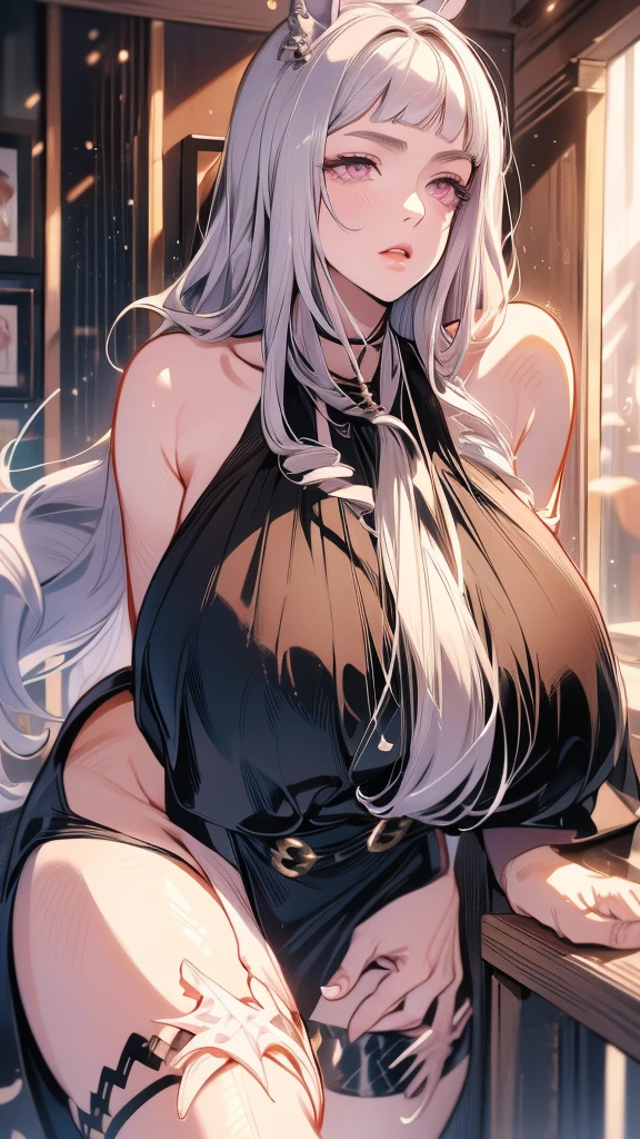 A large amount of transparent liquid spills,((wavy white hair):1.3,美丽细致的眼睛,proporções perfeitas,Eyes are bright,choker necklace,ear jewelry,Pink and moist lipace is perfectly illuminated,Bukkake),1 Erotic busty beauties with big breasts,Detailed European-style palace hall,squatting on the ground,legs separated,A large amount of transparent liquid spills,Hair is shiny,The halo,Black silk long dress,Elegant and beautiful hairpins,White wavy legs and high heels,reasonable action,((8K,tmasterpiece,realistically),(hyper-detailing,ultraclear,natural,Whole body diagram),Huge cleavage,Heavy breasts,Very soft boobs and ass,Slender legs,Stretch the meat,Fair and hydrated skin。a large amount of fluid is overflowing