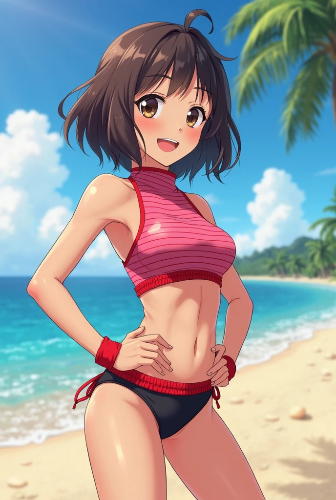 cute girl, (masterpiece:1.2, best quality), (real picture, intricate details), (8k, polished image), Japanese, big eyes, looking viewer, big smile, drooping eyes, shorthair, twin tail, (masterpiece:1.2, best quality), (real picture, intricate details), (8k, polished image), (masterpiece), best quality, short cut, delicate details, shy girl, round face, skirts, mini redswimwear,beach, solo, ???, Undressing, take off clothes,from side shot,doggy style,